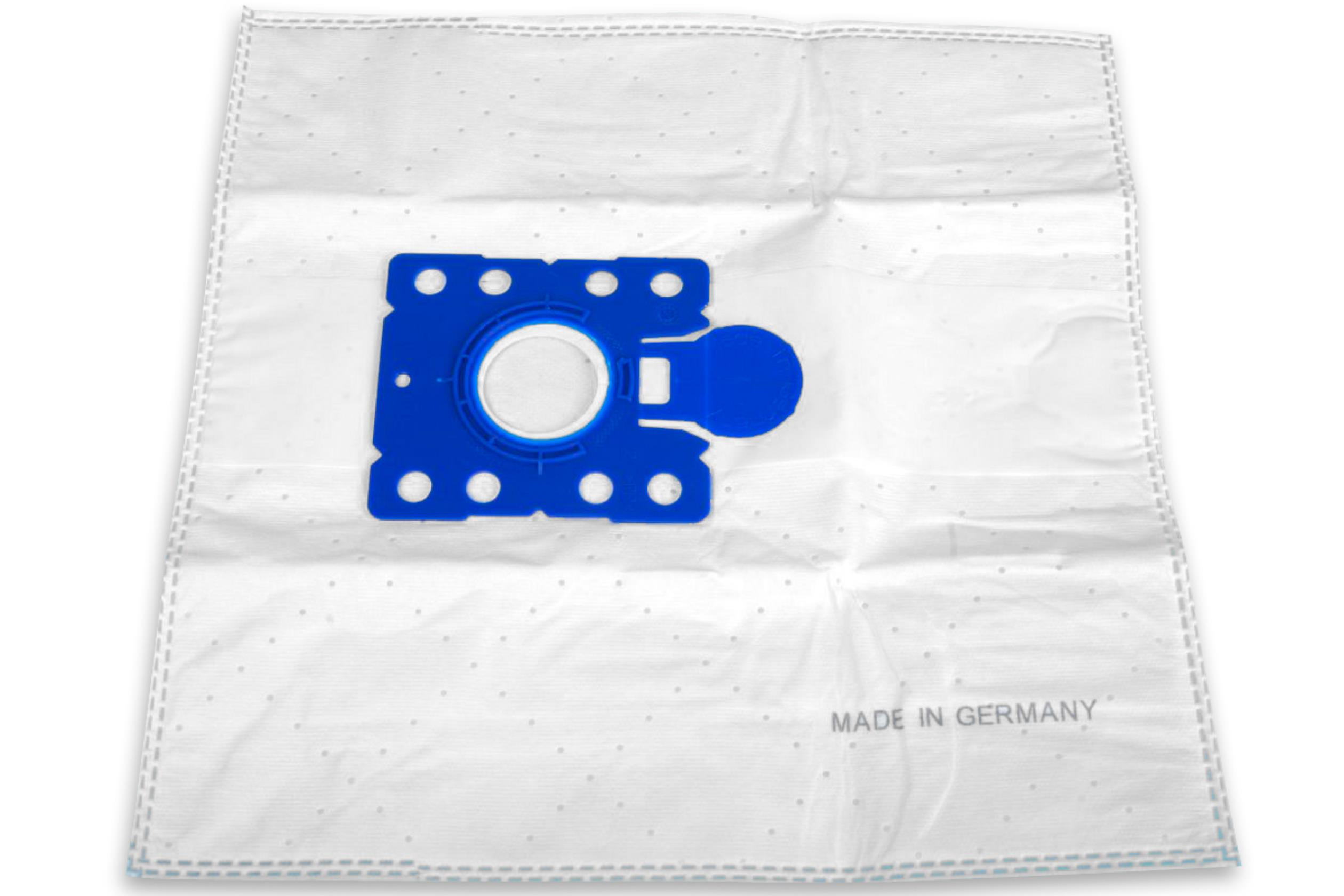 Weißer Staubsaugerbeutel mit blauem Kunststoffaufsatz.