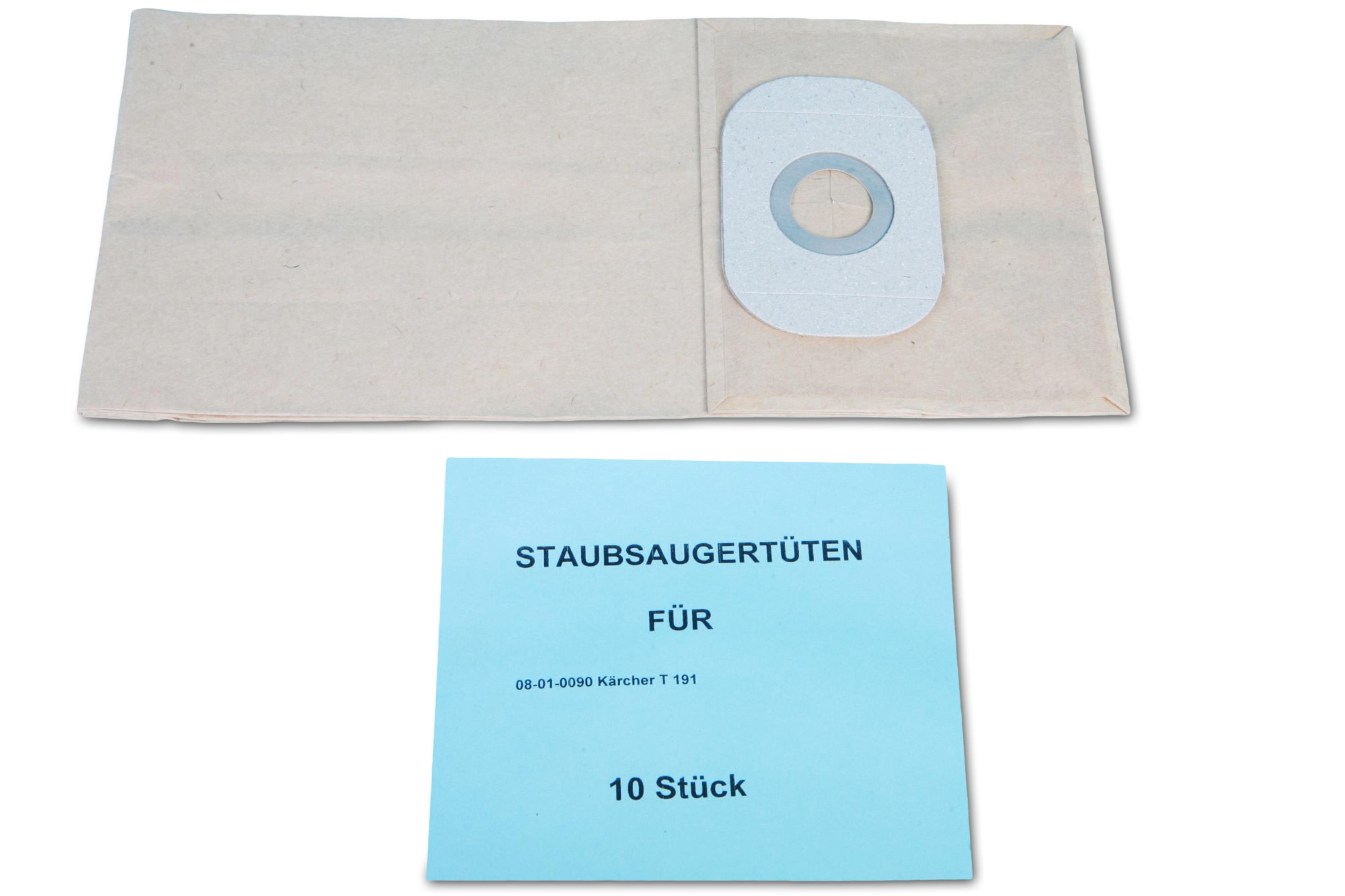 Staubsaugerbeutel und eine blaue Karte mit deutschem Text auf weißem Hintergrund. Papiertüten und Karte.