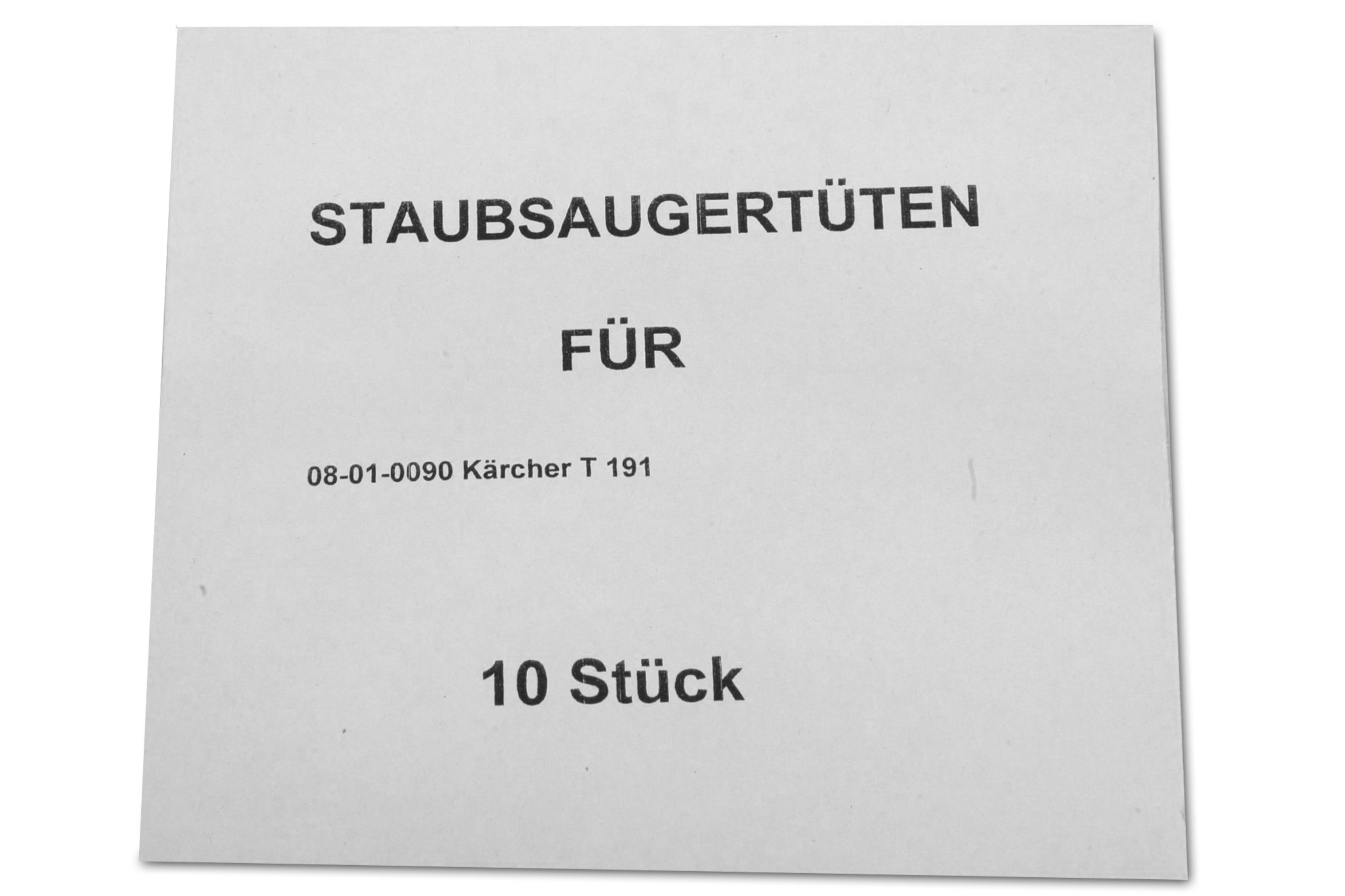 Ein weißes Papier mit schwarzem Text: 'STAUBSAUGERTÜTEN FÜR' und '10 Stück'.