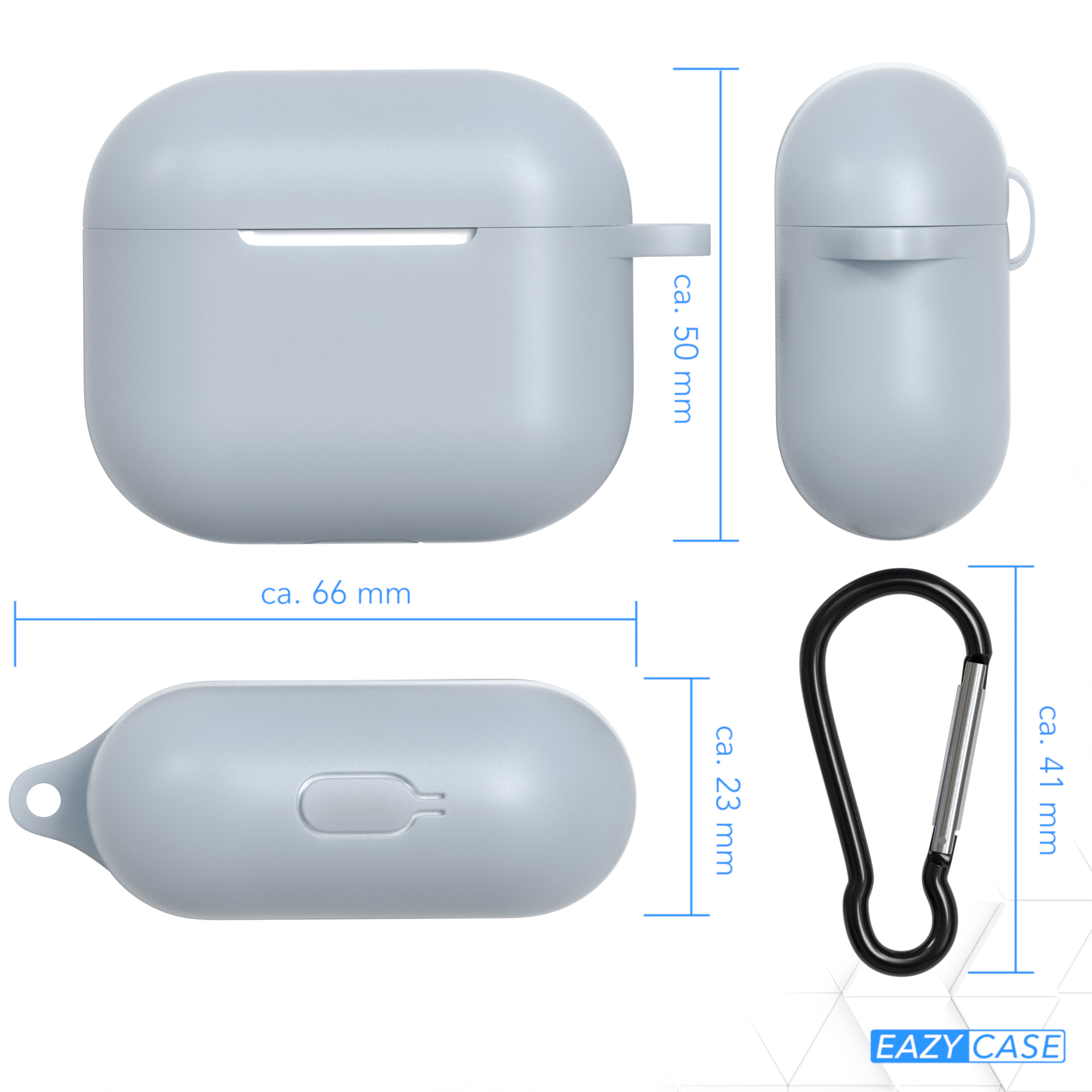 Hellblaue Hülle für AirPods, mit Maßangaben und einem schwarzen Karabinerhaken.