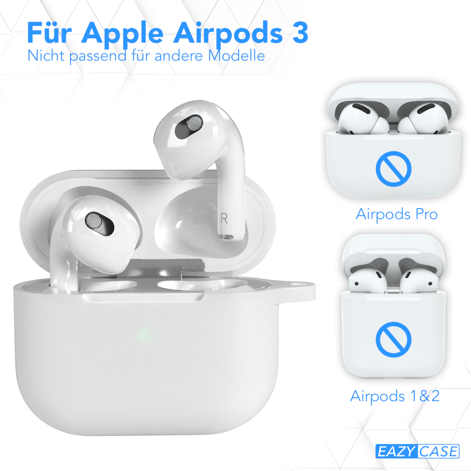 Weißes AirPods 3-Etui mit AirPods im Inneren und zwei weitere AirPods-Etui-Beispiele.