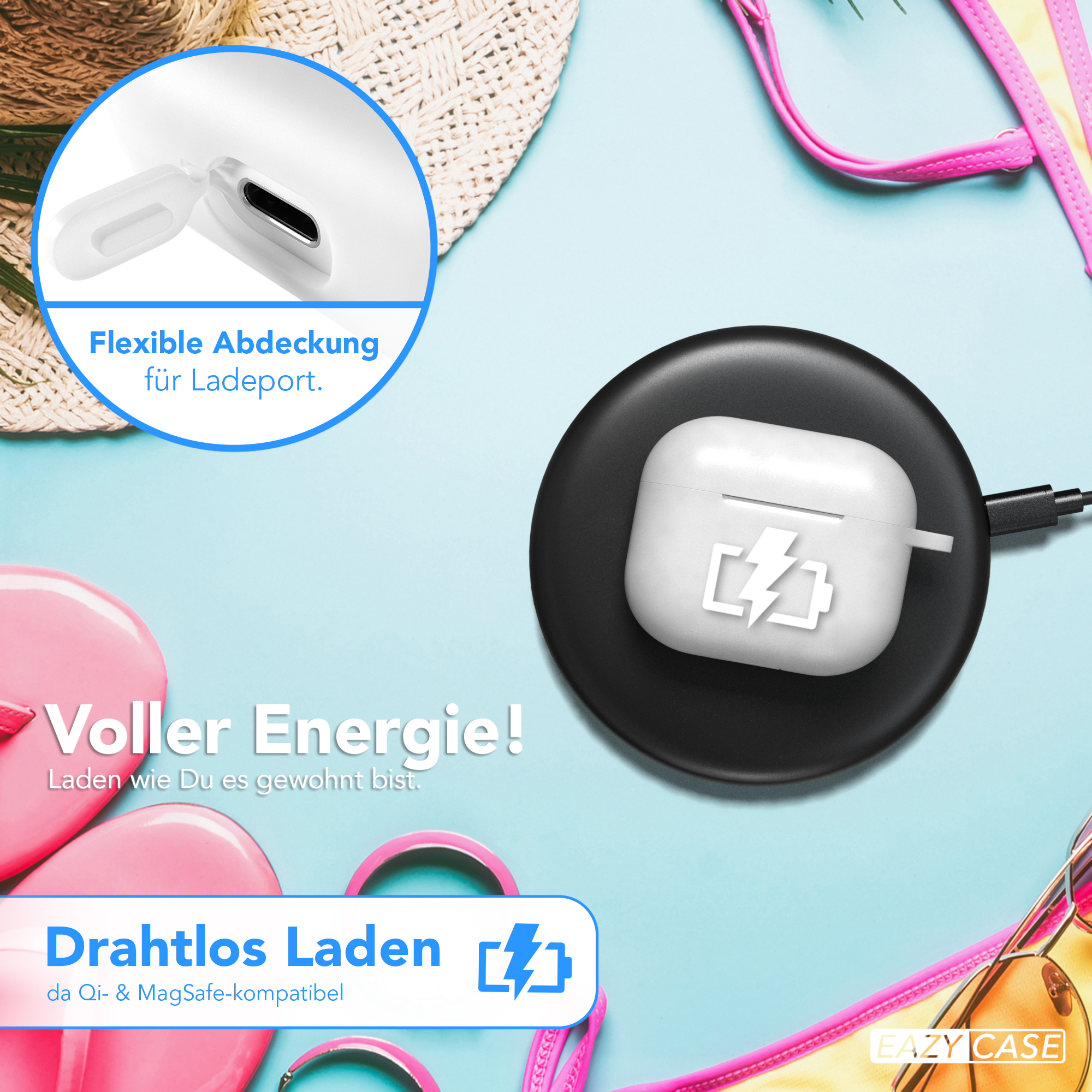 Rotes AirPods-Case mit weißen AirPods. Das Case ist geöffnet, weißer Hintergrund.