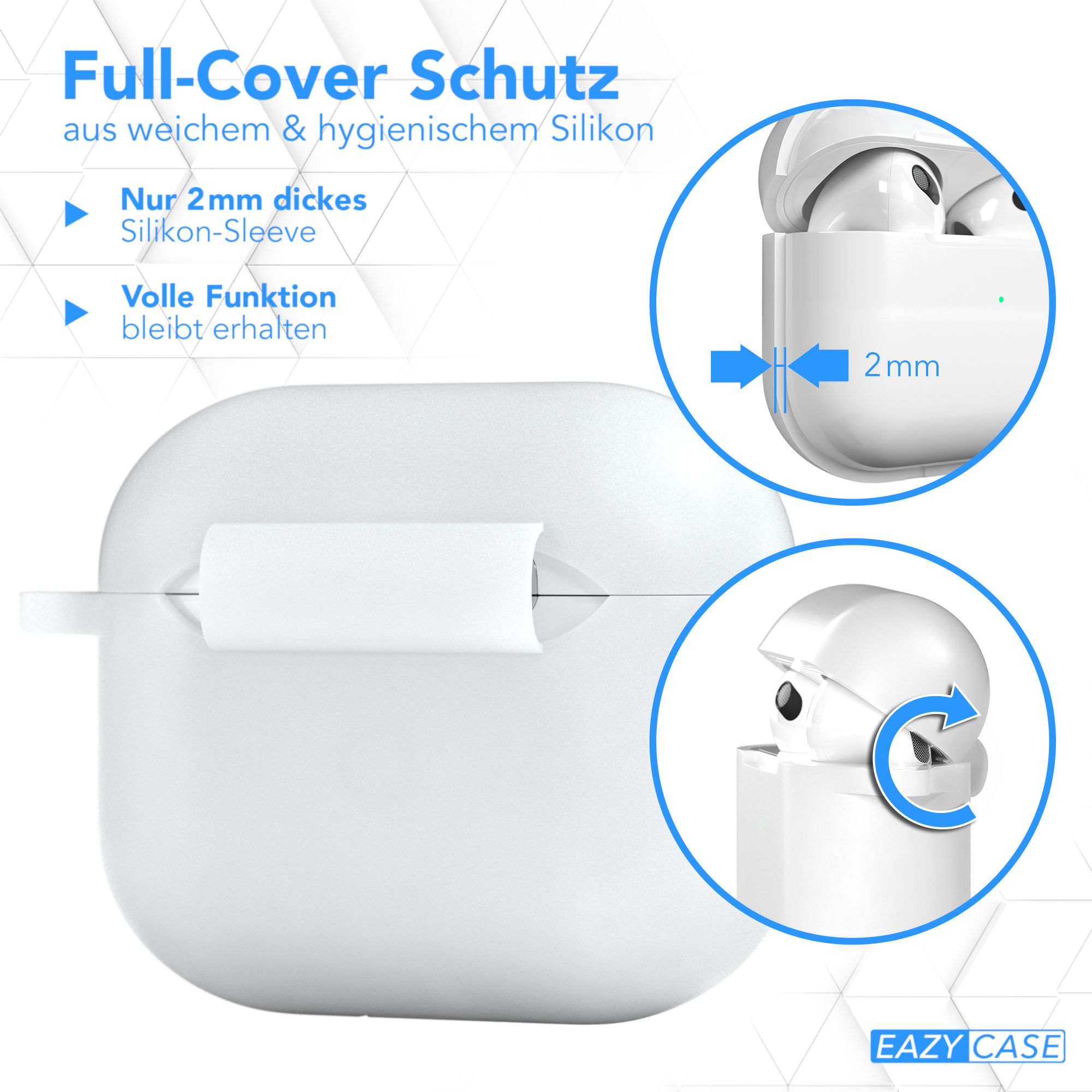 Weiße AirPods-Hülle mit Schutzhülle, Text in Deutsch, Diagramm der Hülle.