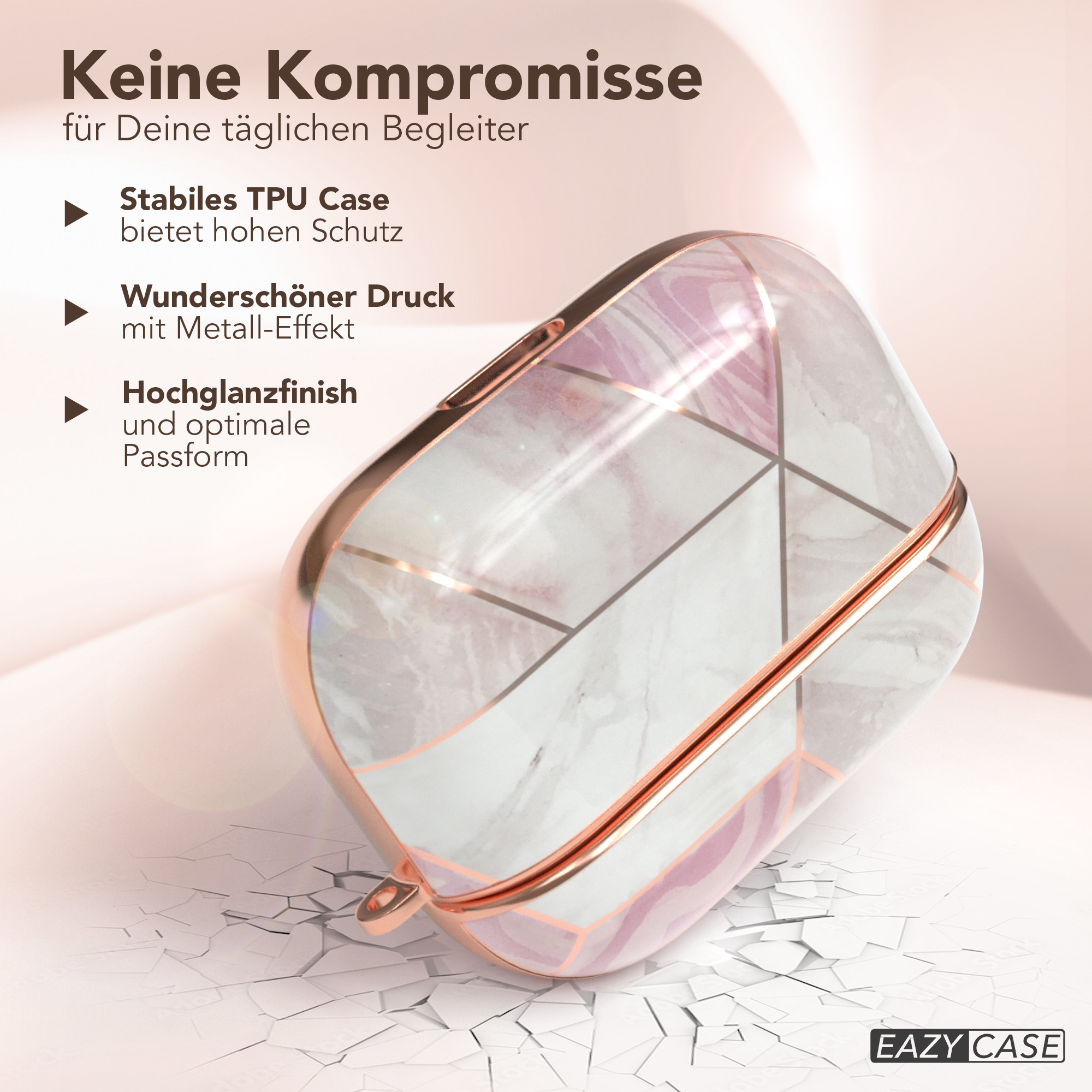Ein pinkfarbenes Case für Kopfhörer mit Marmordesign.