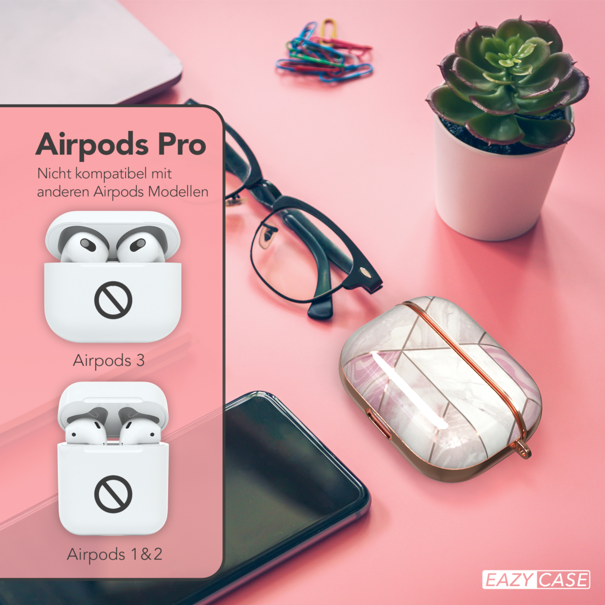 Airpods Pro mit Hülle, neben Airpods 3 und Airpods 1&2 Hüllen. Jede Hülle hat ein Verbotsschild.