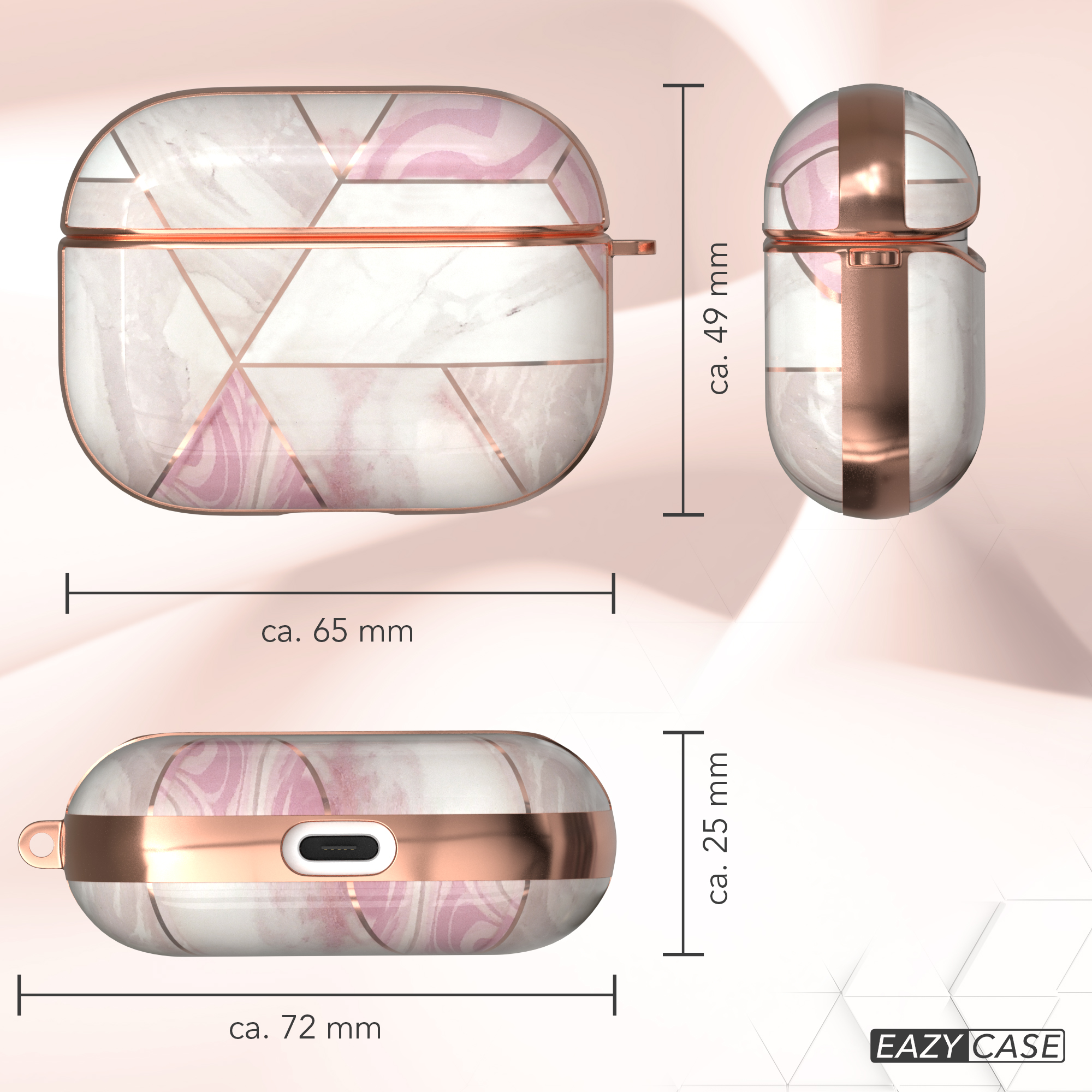 Ein rosa-weißes AirPods-Etui mit angezeigten Abmessungen, vor weißem Hintergrund.