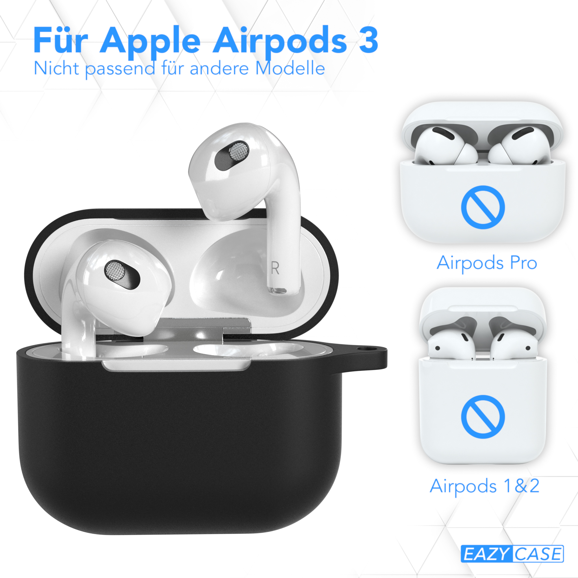 Weiße AirPods 3 im Case, mit zwei anderen Cases, alle weiß.