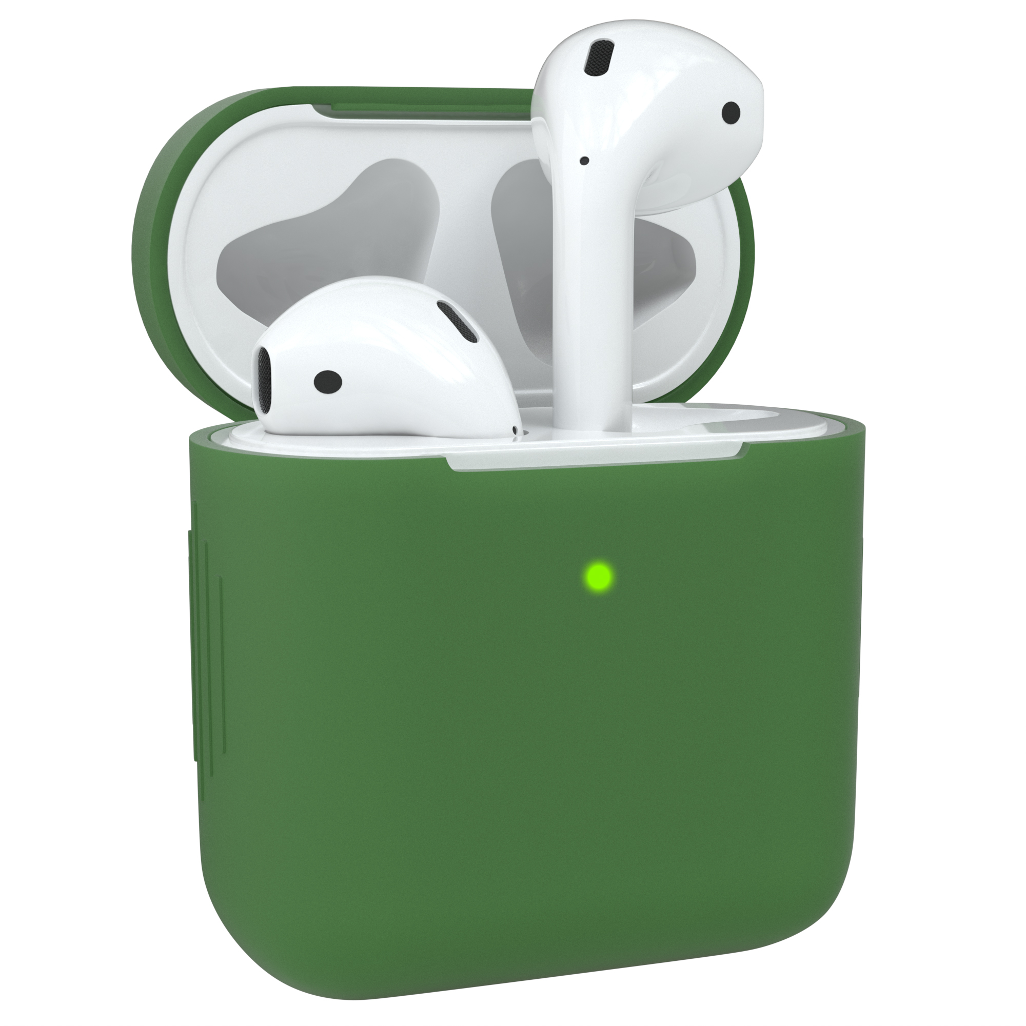 Grünes Etui mit weißen AirPods darin. Das Etui ist geöffnet und hat ein grünes Licht.