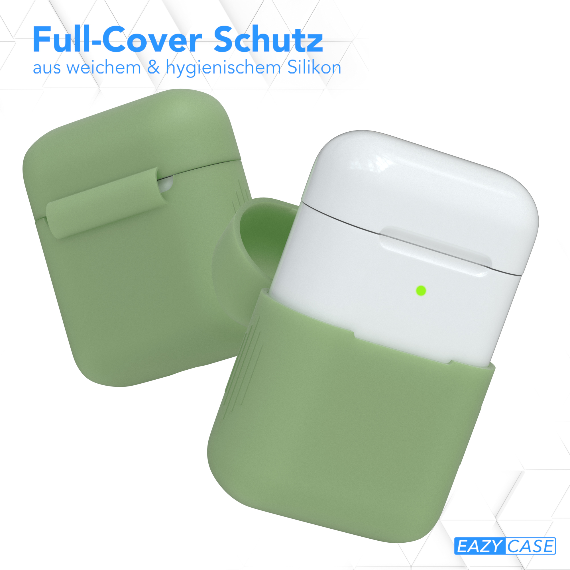 Grünes AirPods-Case in offener und geschlossener Position. Text: Full-Cover Schutz.
