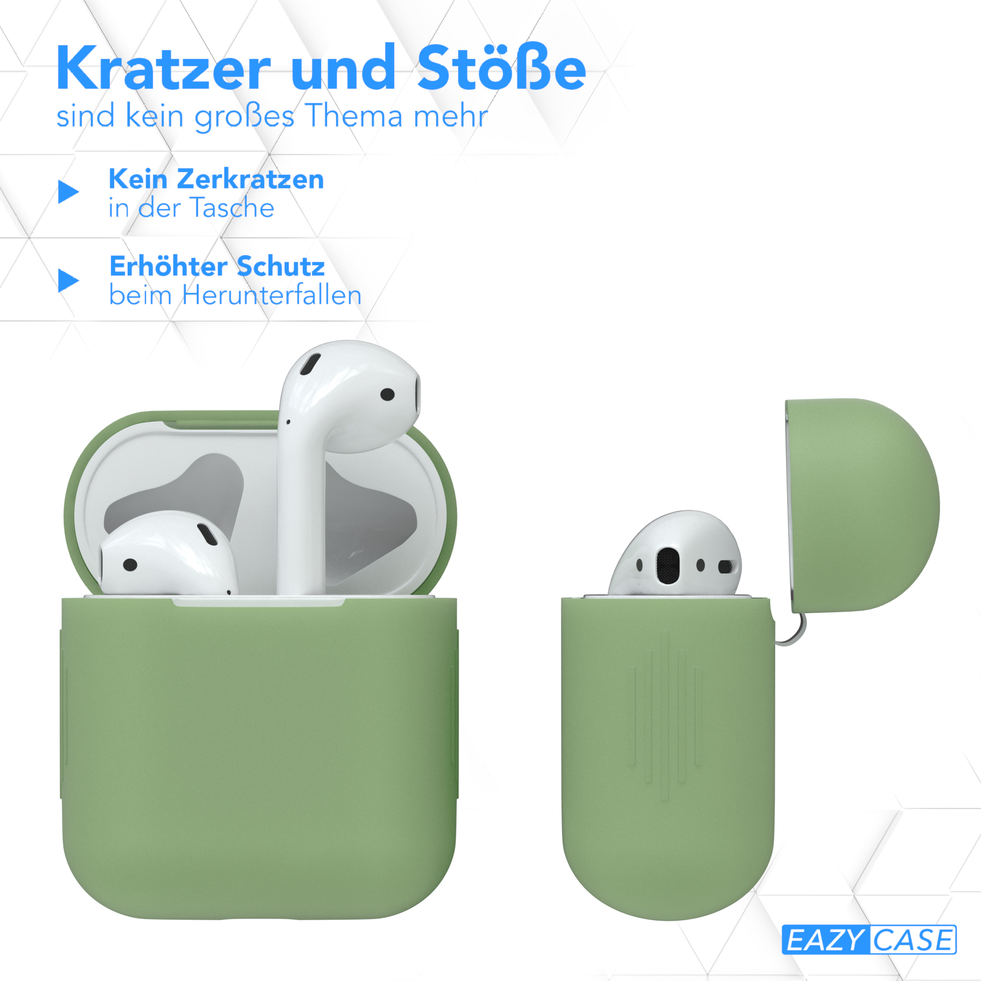 Grünes Airpods-Etui mit Airpods. Schützhülle und Text auf blauem Hintergrund.