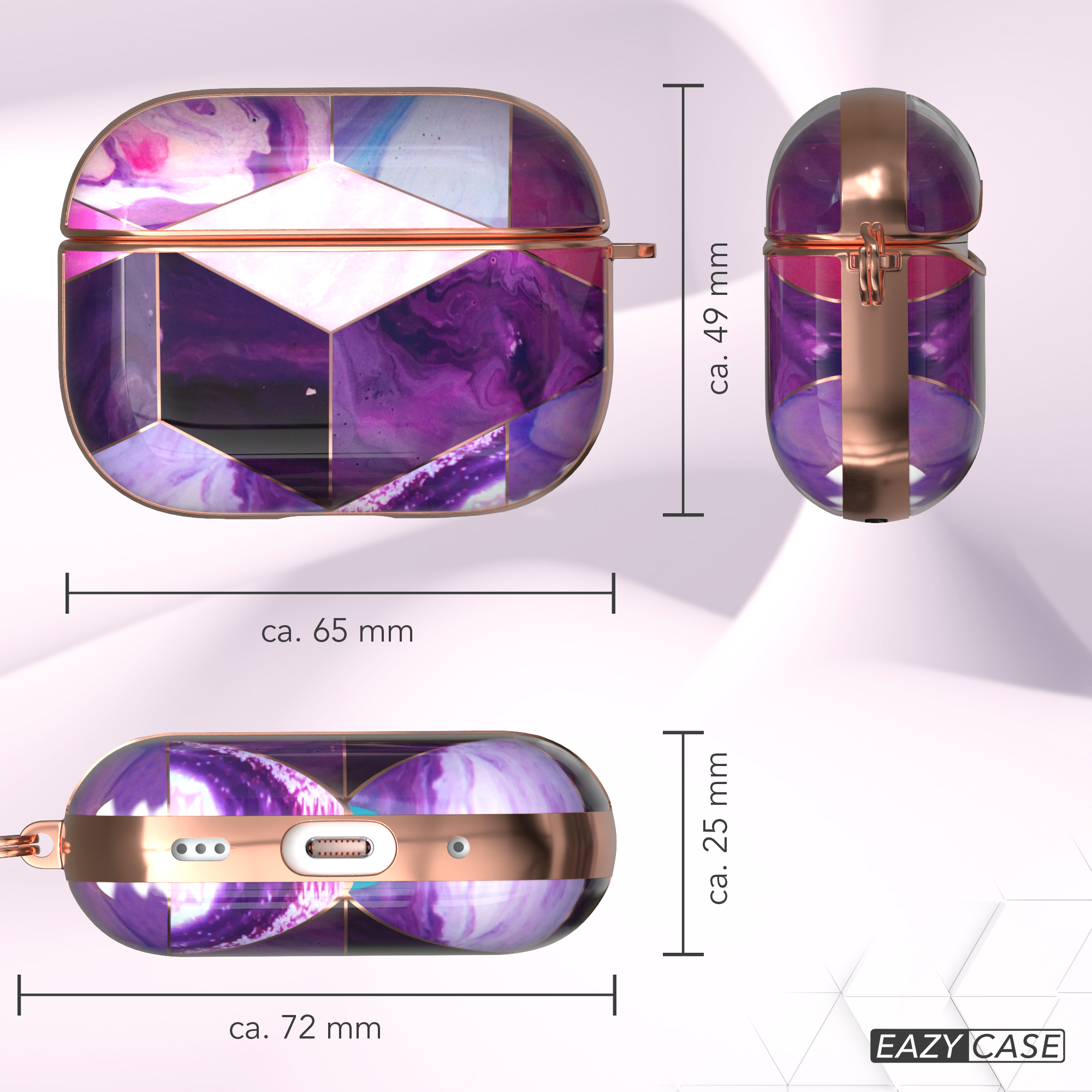 EarPods-Hülle mit Abmessungen. Es hat lila und roségoldfarbene Akzente.