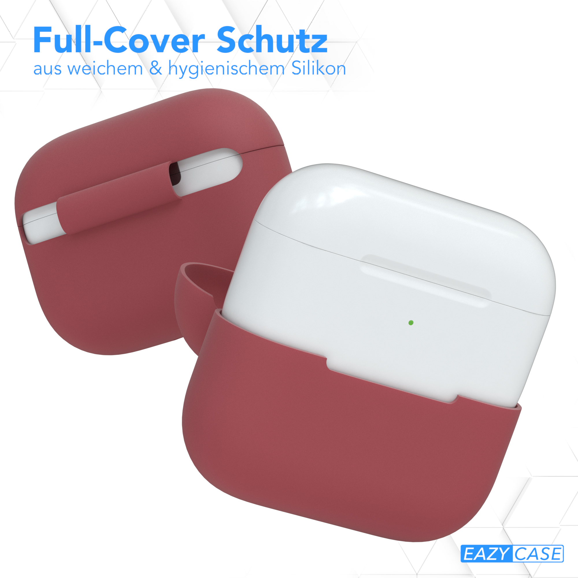 Ein rotes AirPods-Case, mit geöffnetem Case und den AirPods darin, umgeben von Text.