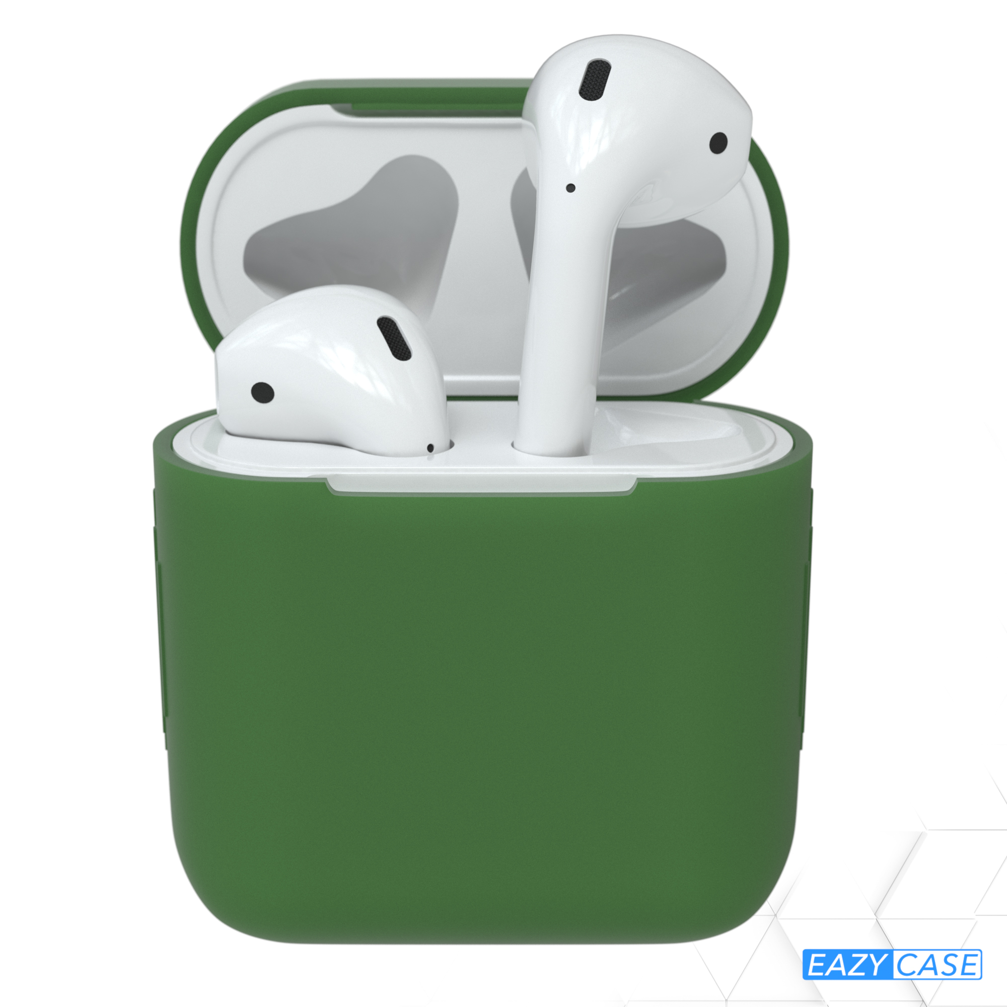 Weißes AirPods-Case mit schwarzem Pad. Rosa Strandhintergrund.