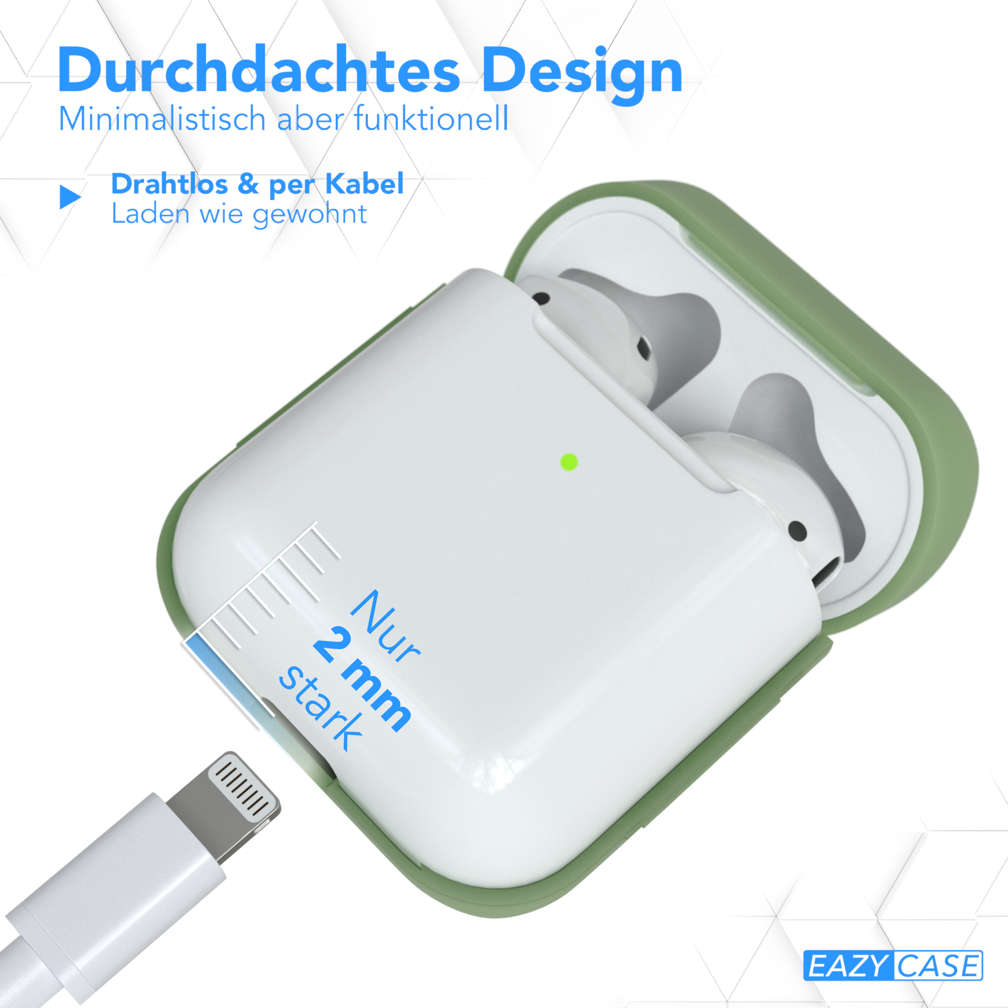 Weißes Ladekabel, verbunden mit weißem Kopfhörer-Etui, mit Text und grünem Punkt.