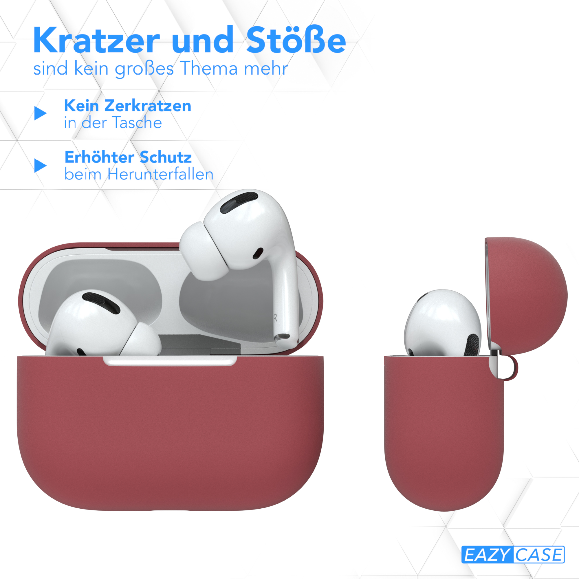 Rote Ohrhörer in einem Case. Text: „Kratzer und Stöße sind kein Thema mehr“.