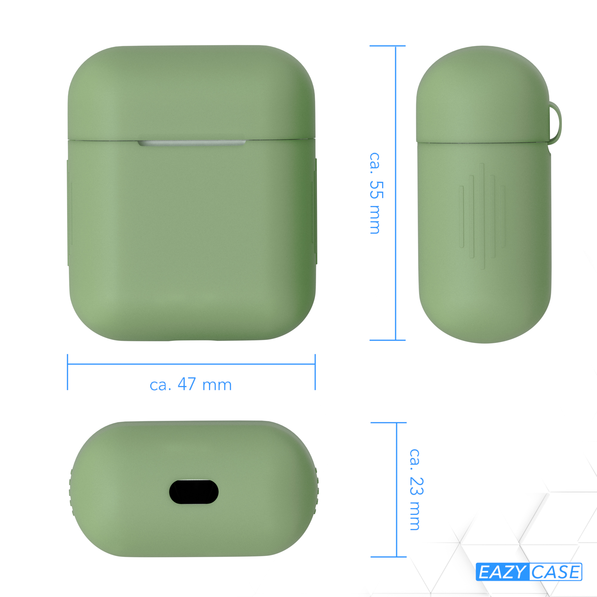 Grüne Hülle für Ohrhörer in drei Ansichten. Abmessungen sind angegeben: 55 mm, 47 mm und 23 mm.