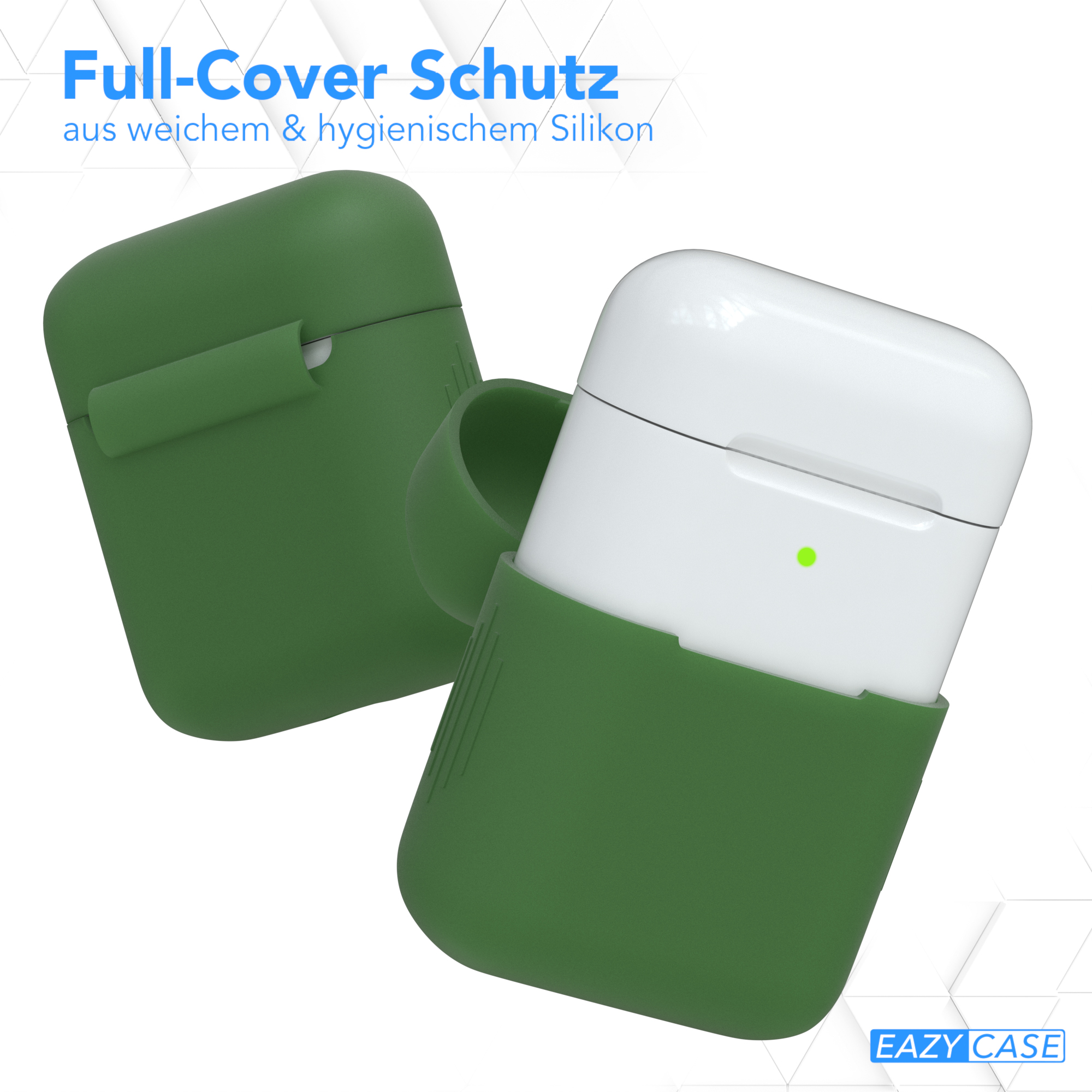 Grünes AirPods-Etui vor weißem Hintergrund. Das Etui ist geöffnet, die AirPods sind sichtbar.