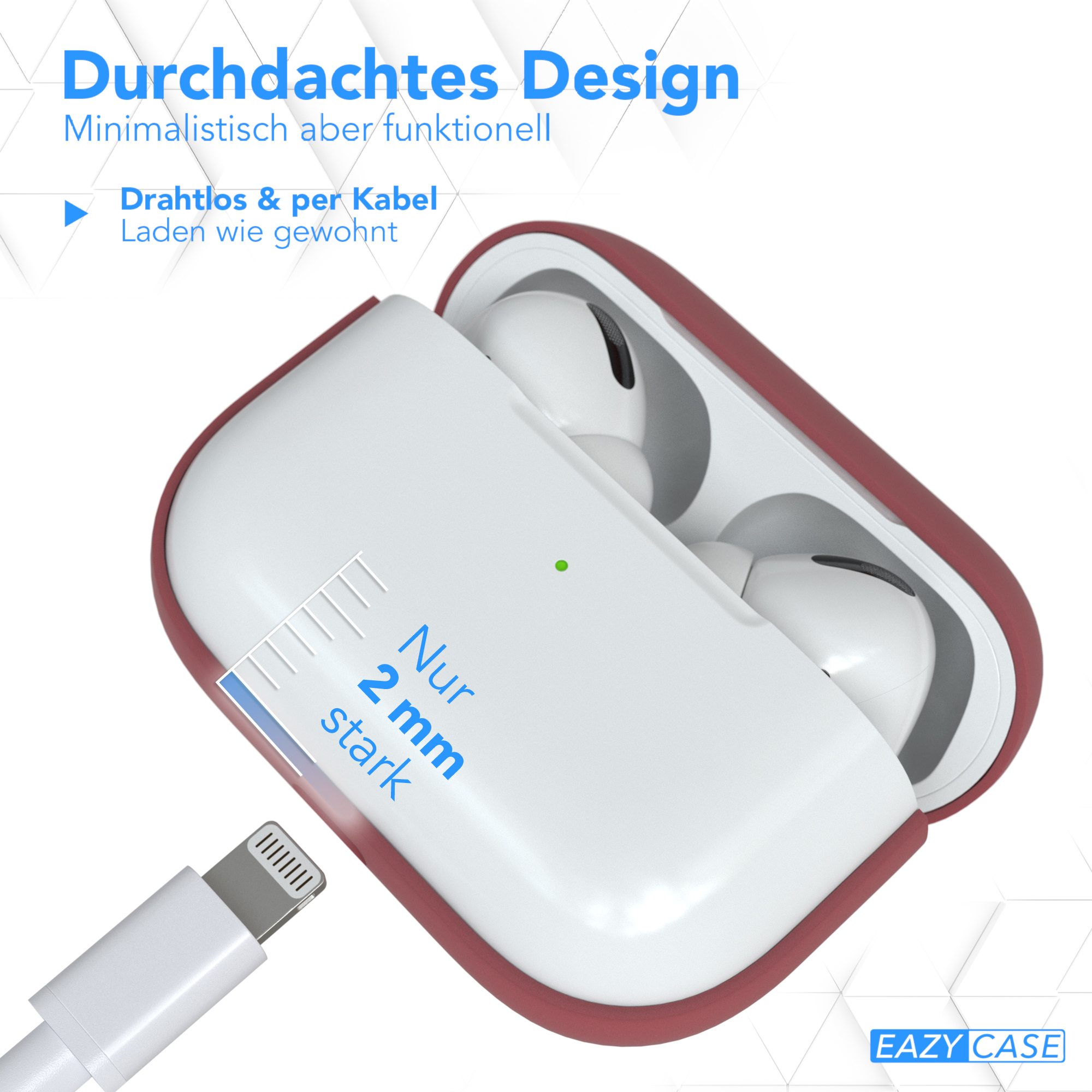 Kopfhörerhülle mit Ladekabel und Text, rot und weiß.