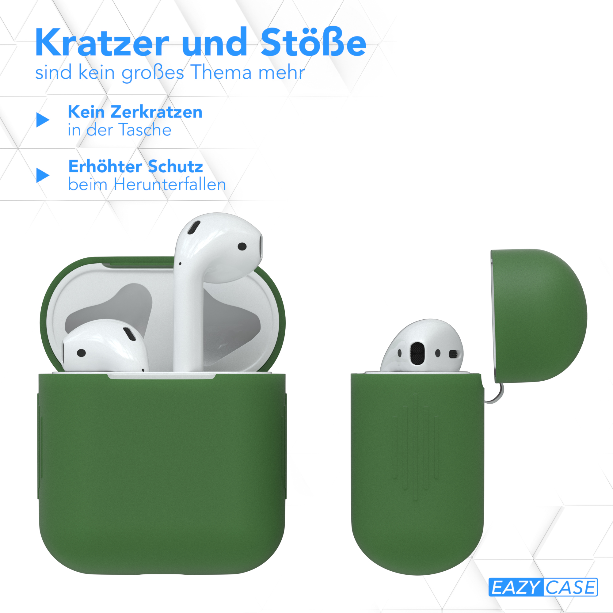 Grünes AirPods-Etui geöffnet und geschlossen, Schutz und Design zeigend, mit Text.