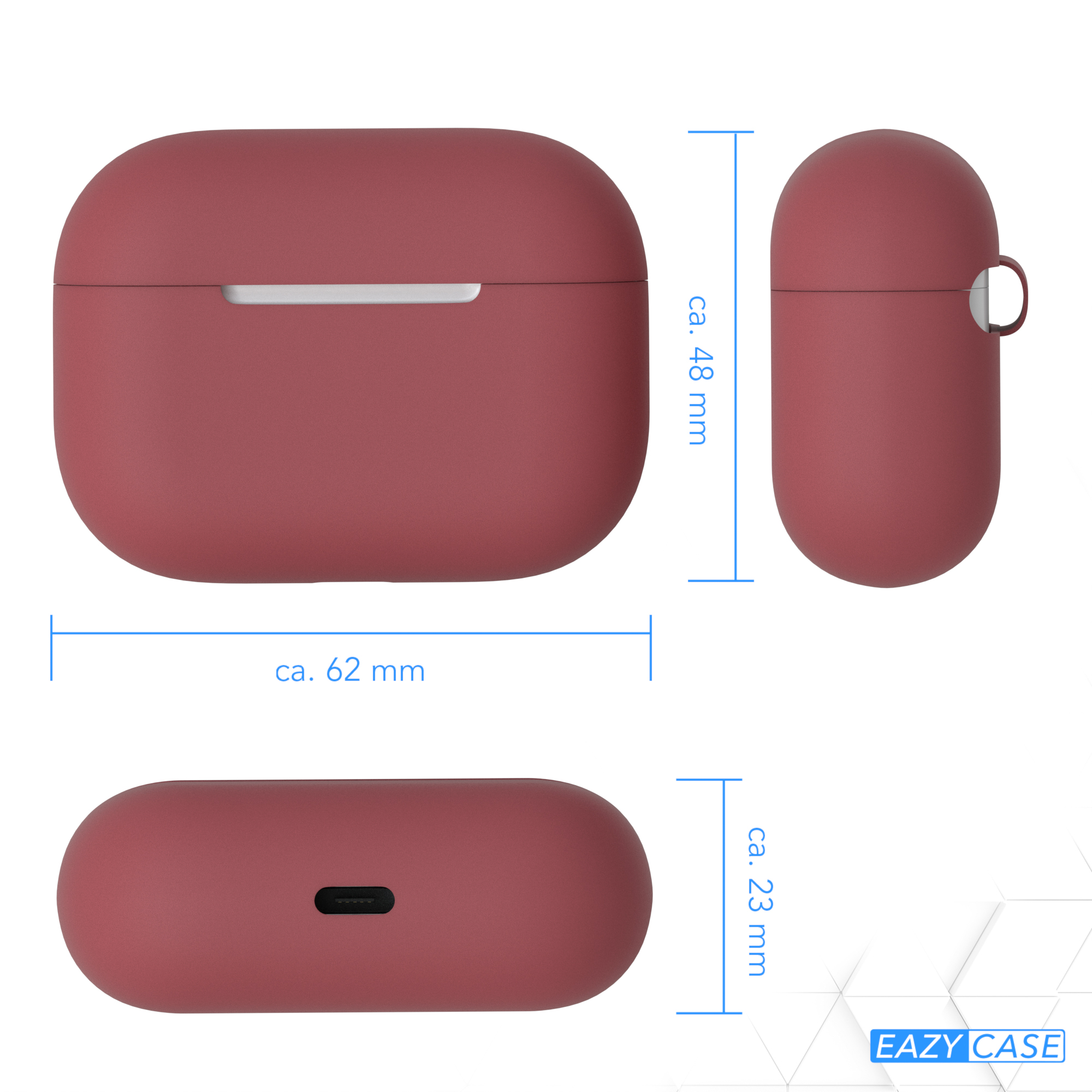 Drei Ansichten eines weinroten AirPods-Case: vorne, seitlich und oben, mit Maßen in mm.