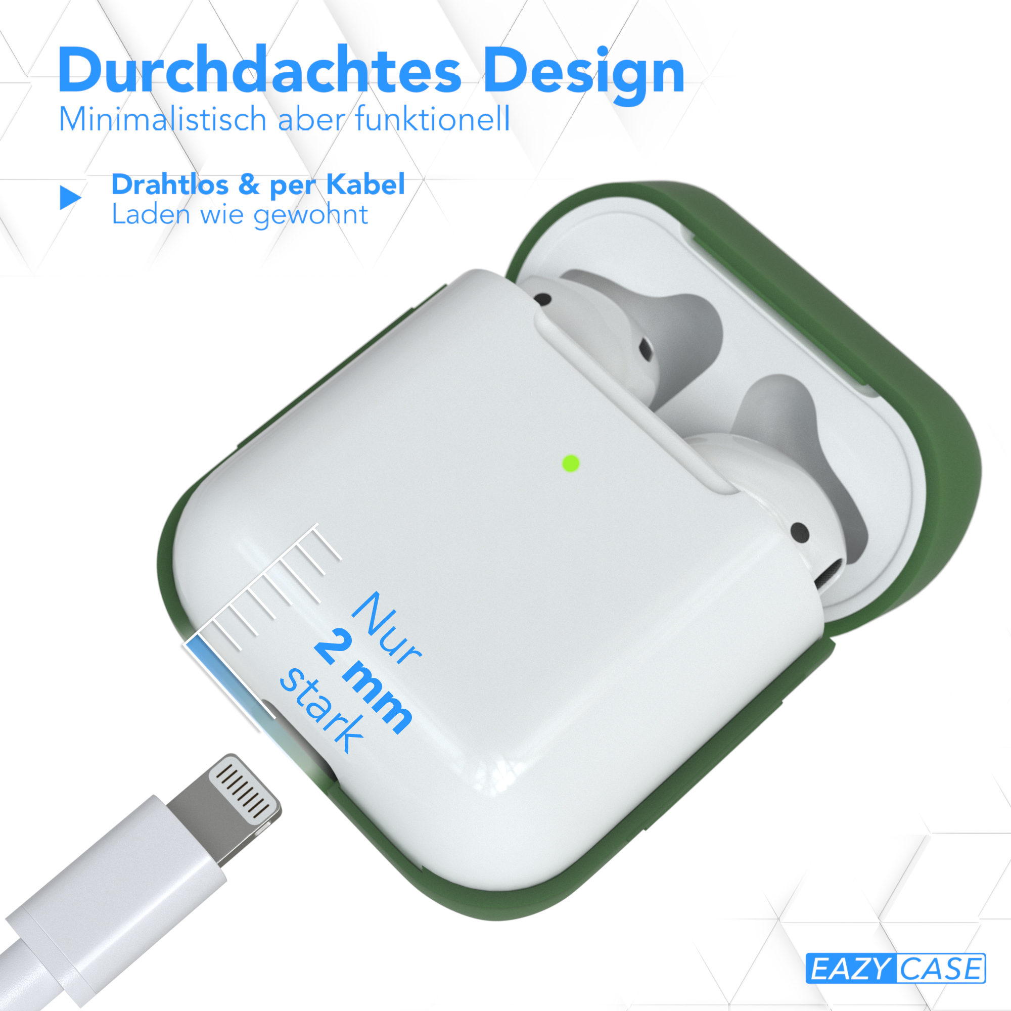 Ein weißes Eazy Case, mit zwei weißen Ohrhörern im Inneren. Ein Ladekabel ist eingesteckt.