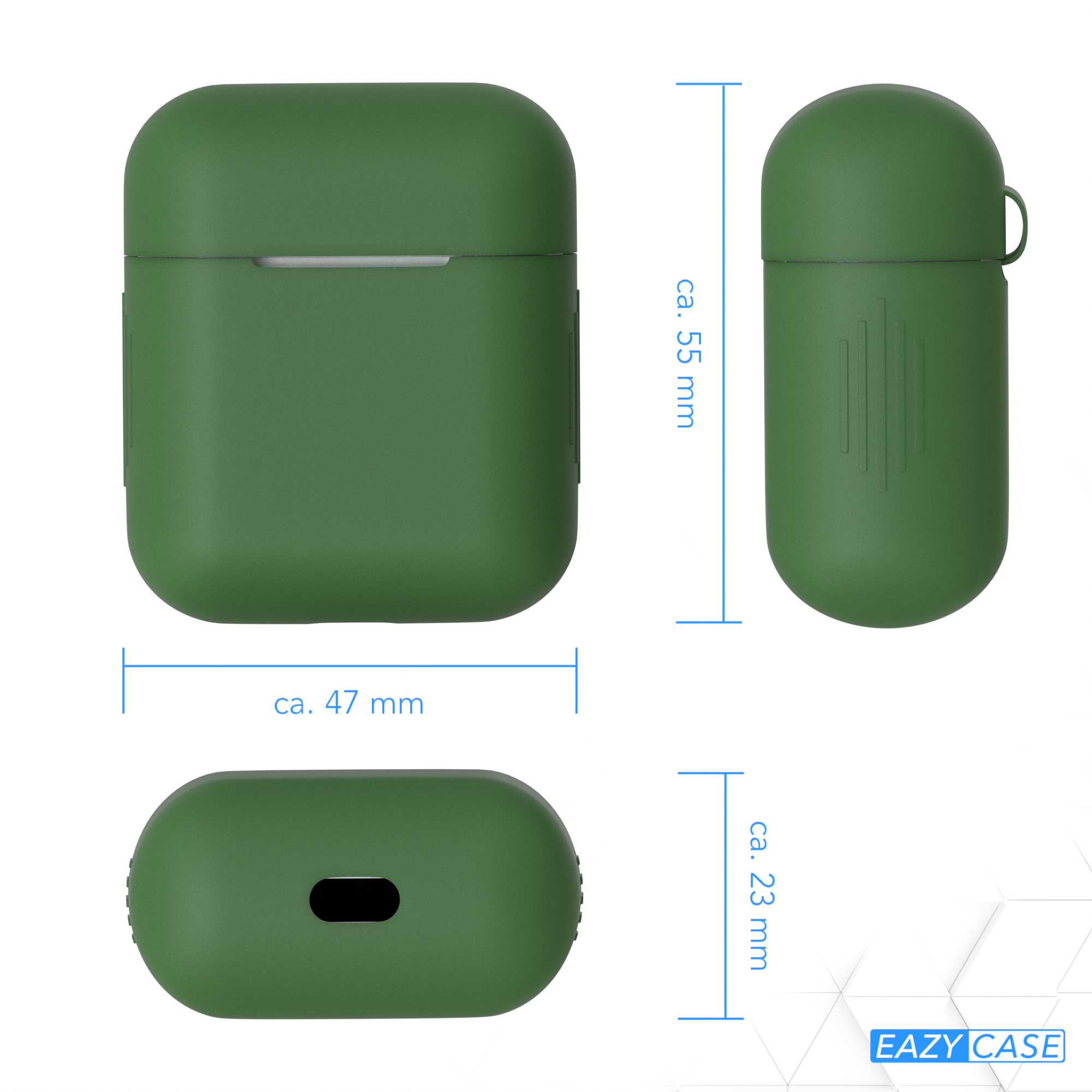 Grünes Kopfhörer-Etui mit Abmessungen. Das Etui ist geschlossen. Maße sind angegeben.