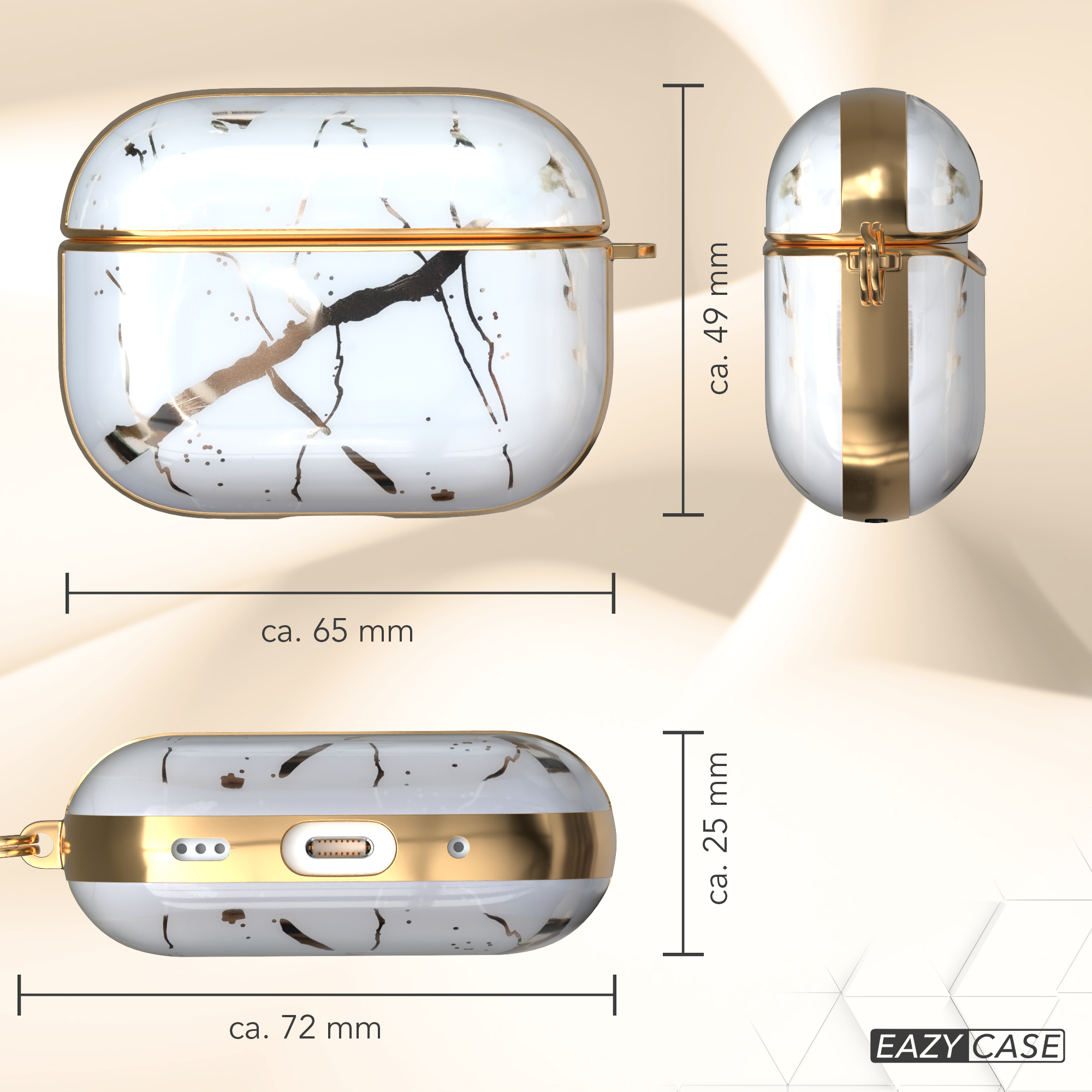 AirPods-Hülle mit Marmormuster in drei Ansichten mit Maßangaben in Millimetern.