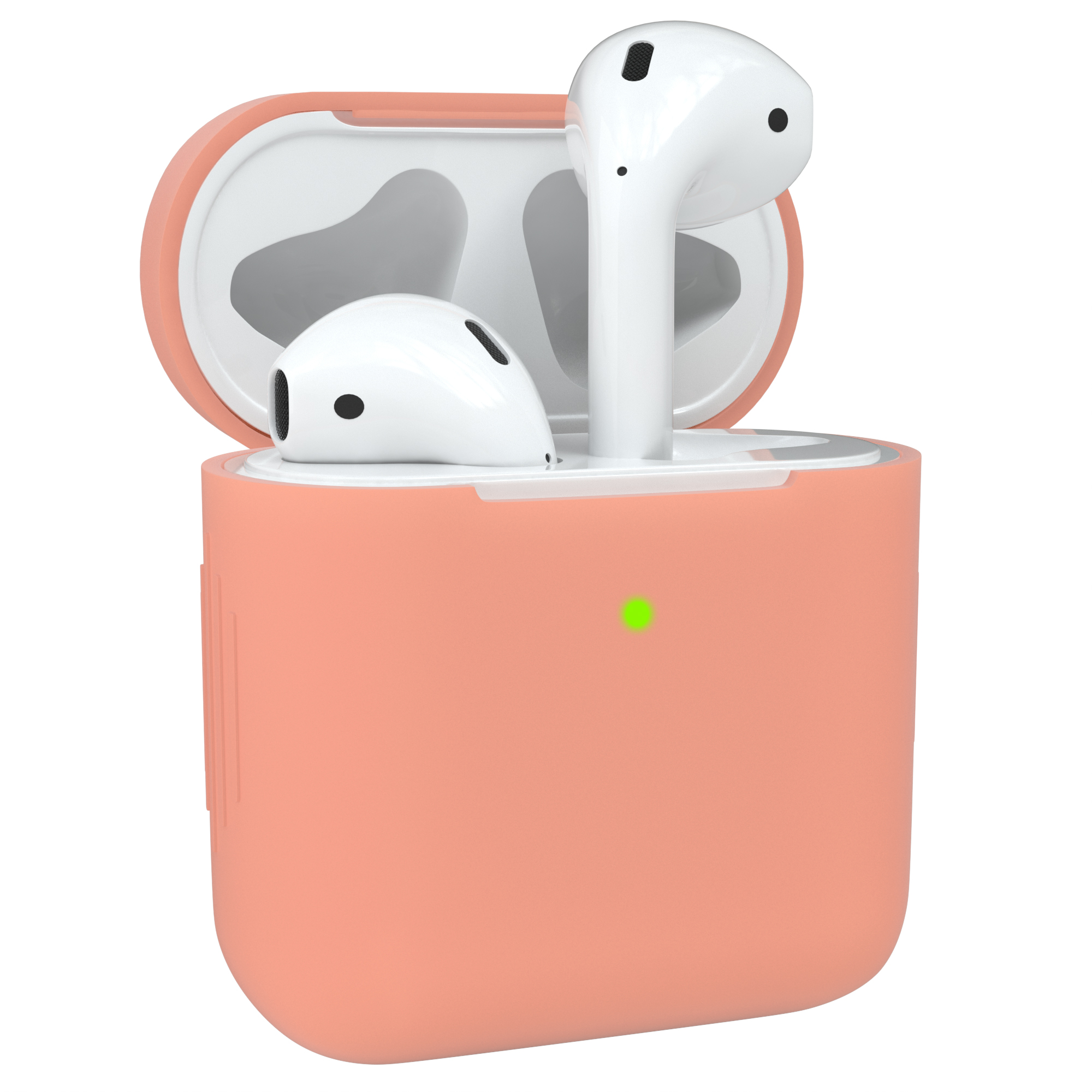Ein pfirsichfarbenes Ladecase mit weißen AirPods, mit grüner Lichtanzeige.
