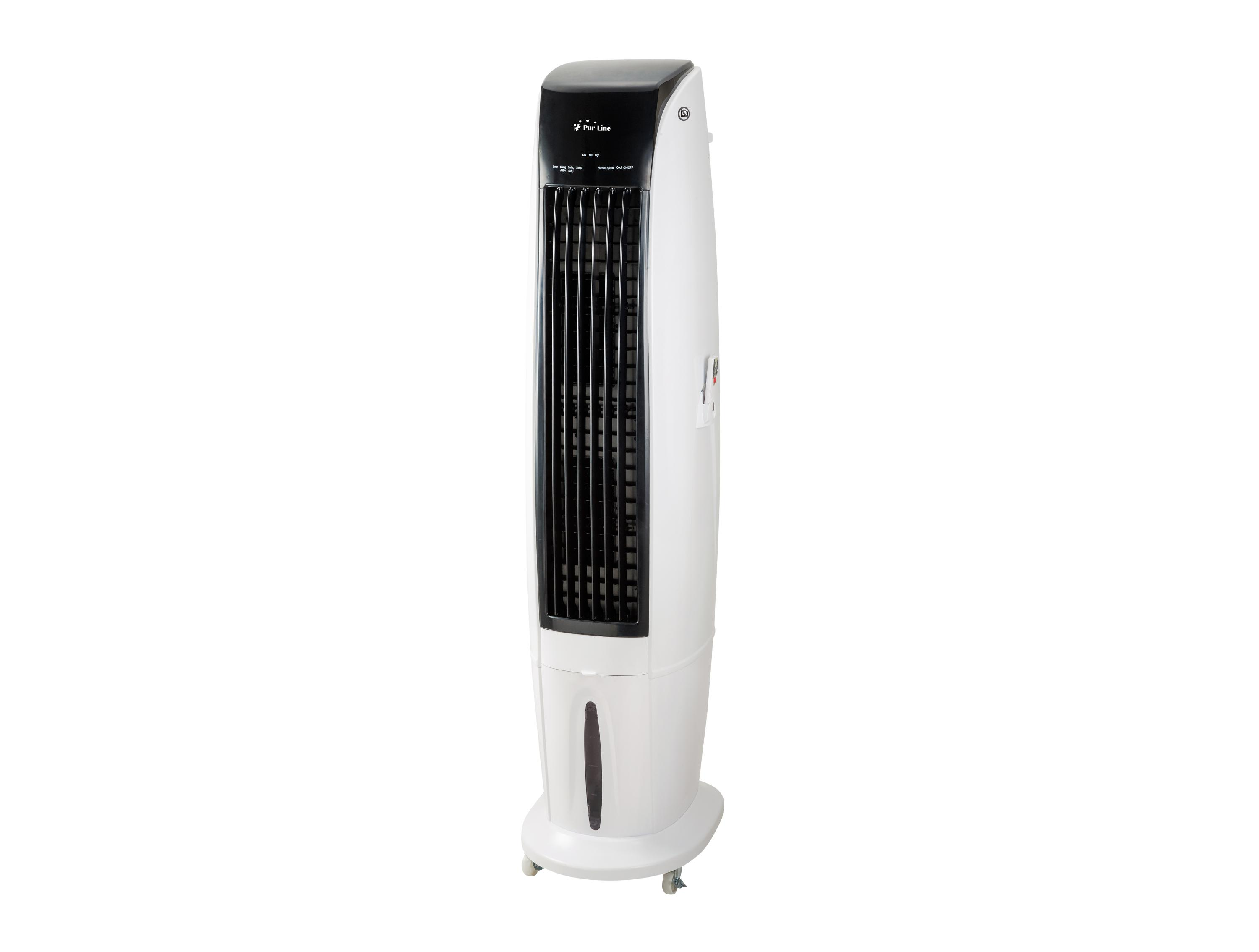 Weißer und schwarzer Turmventilator. Er ist hoch und schlank mit einem Wassertank am Boden.