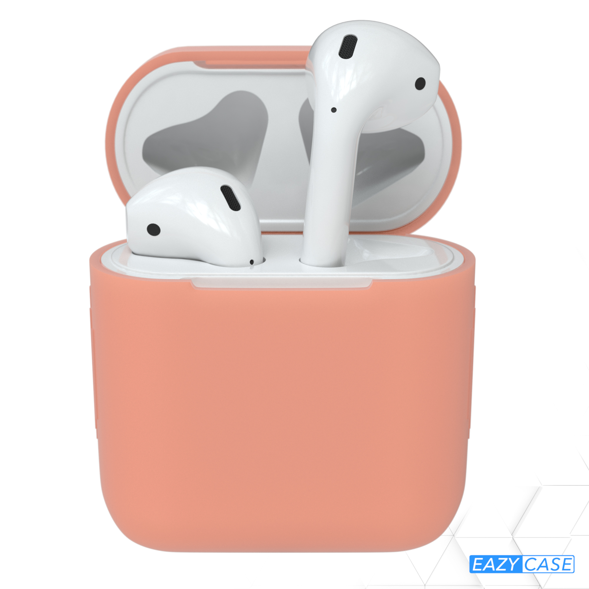 AirPods in pfirsichfarbener Hülle, AirPods und Hülle vor weißem Hintergrund.
