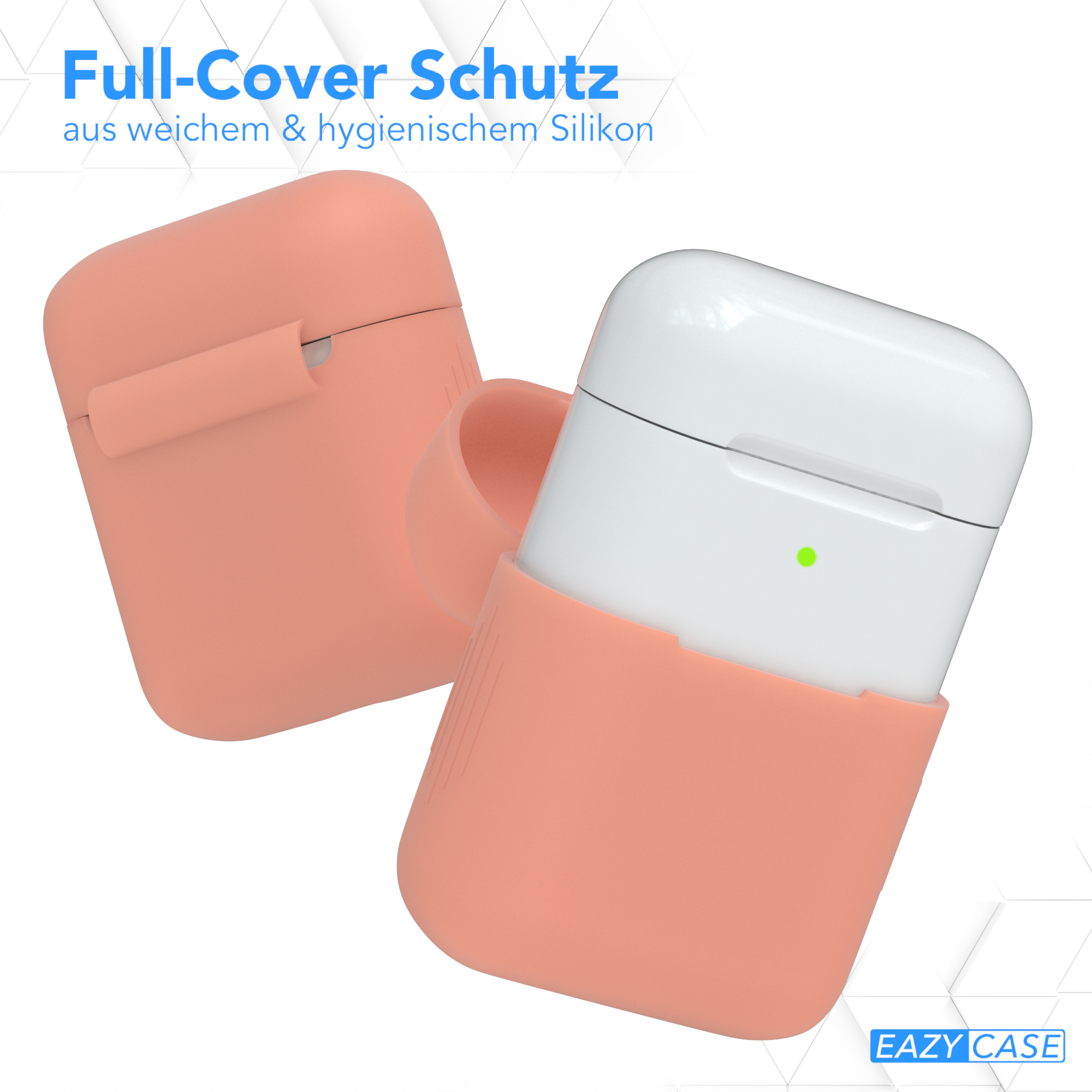 Rosa AirPods-Hülle und -Abdeckung. Gehäuse offen, AirPods zeigend. Blauer und pinker Hintergrund.