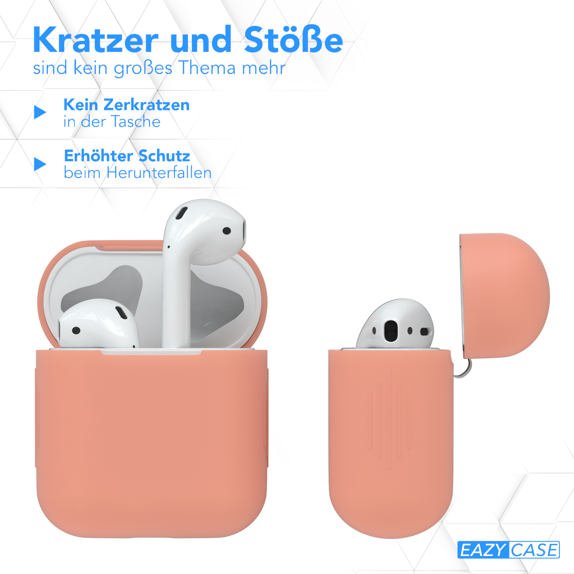 Rosa AirPods-Hülle mit Text und Schutzetiketten. Weißer Hintergrund.