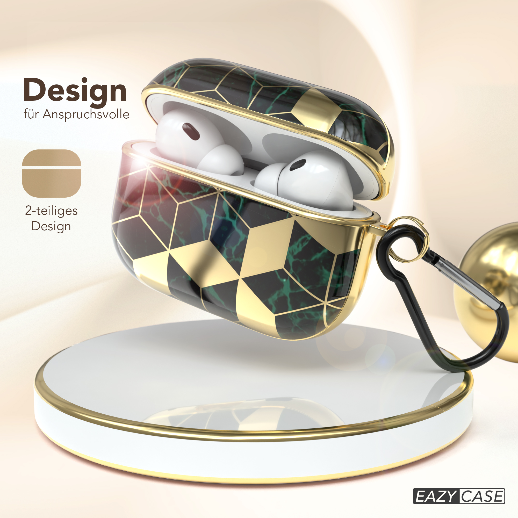 AirPods-Hülle mit goldverziertem schwarz-goldenem geometrischen Design, auf weißem Ständer.
