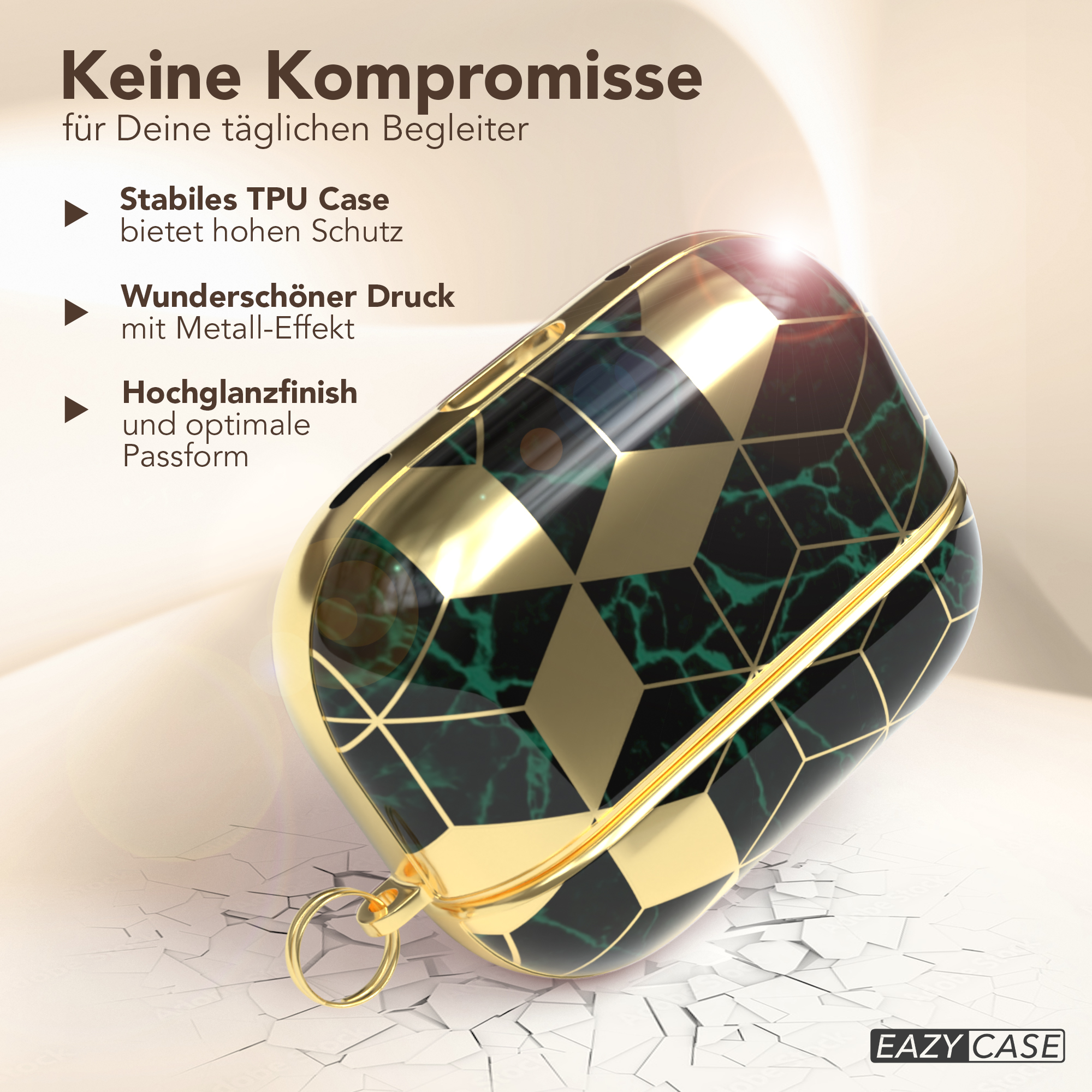 Kopfhörer-Etui mit geometrischem Muster und goldenen Akzenten. Das Etui ist leicht geöffnet, auf einer rissigen Oberfläche.
