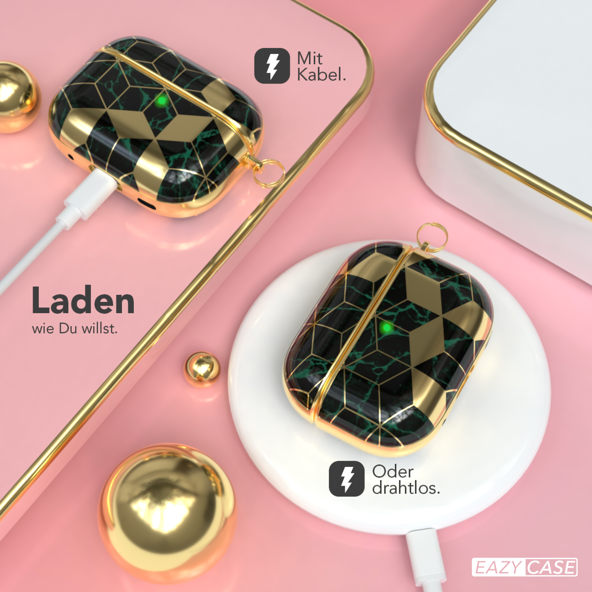 Gold-schwarzes Airpod-Case, das drahtlos auf einem weißen Ladepad geladen wird.