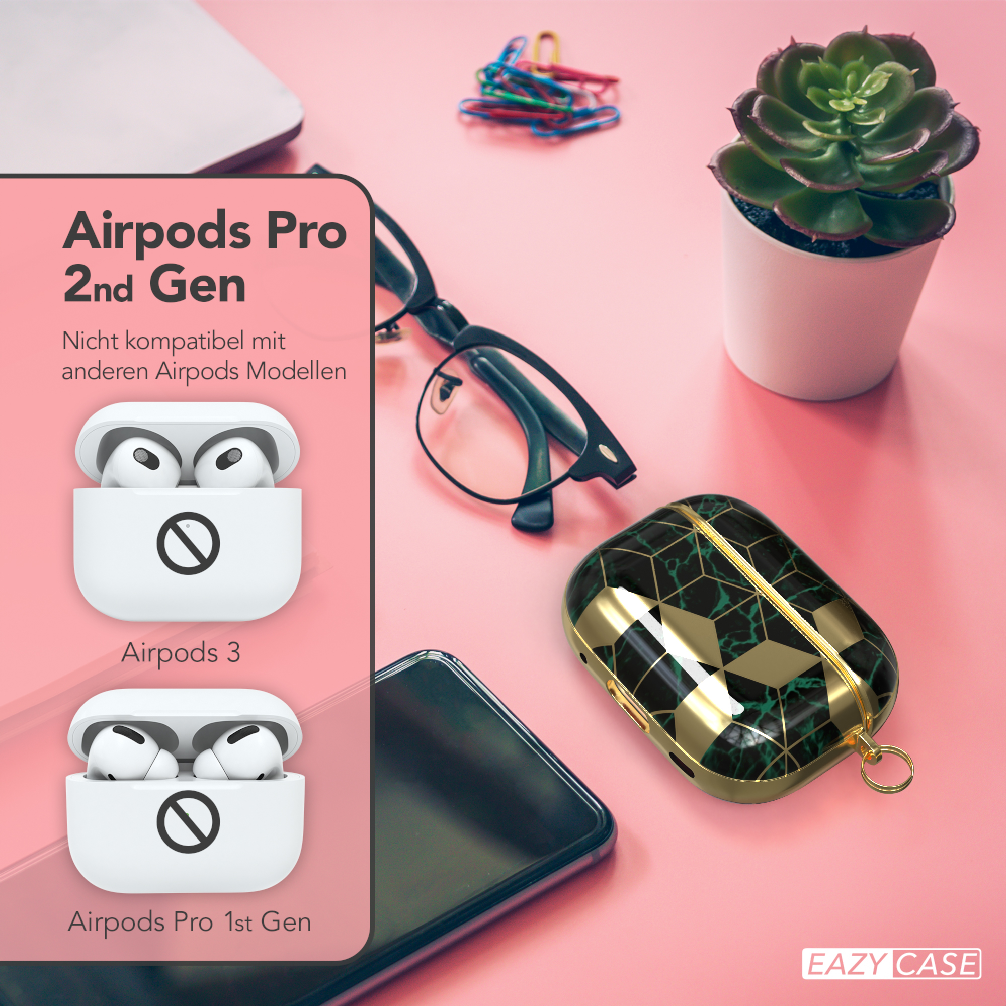 EAZY CASE AirPods Pro passend Motiv Grün für: Apple Gold IMD Schutzhülle / 2 Case Sleeve