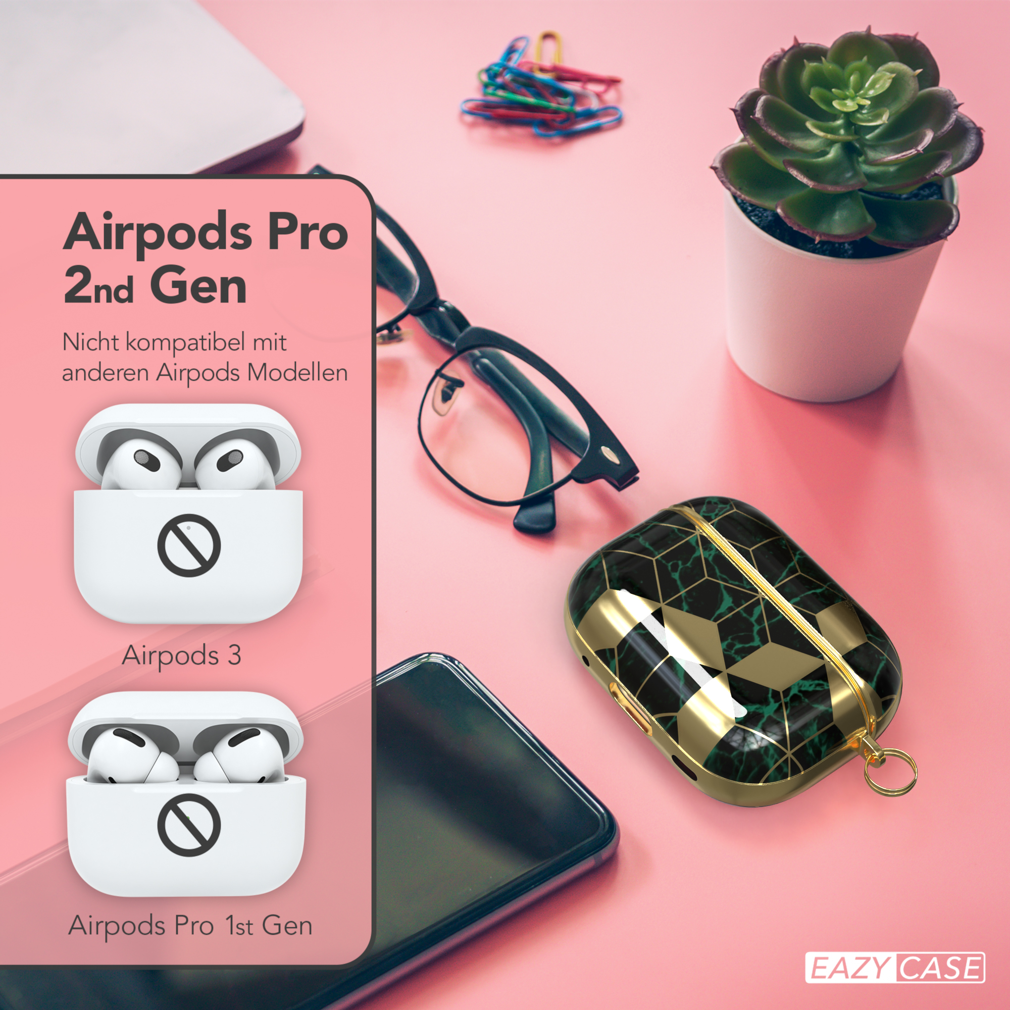 Das Bild zeigt Diagramme von AirPods Pro Modellen und Hüllen mit einer kleinen Pflanze und einem Telefon.