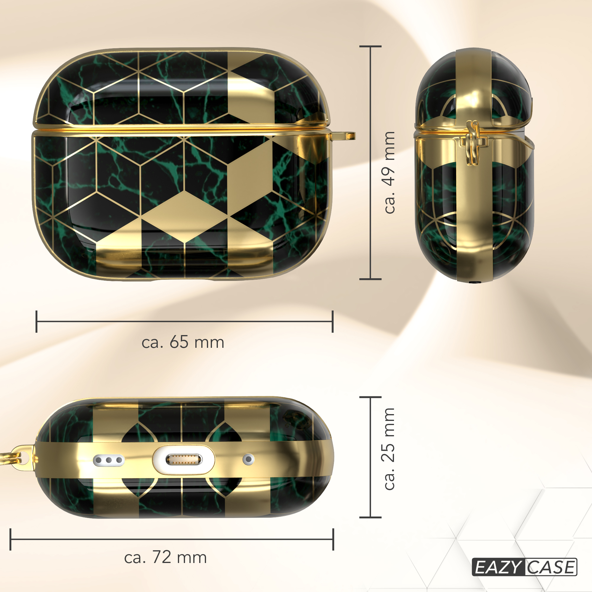 Grün-goldenes Case für AirPods mit angegebenen Abmessungen: 65 mm, 49 mm und 72 mm.