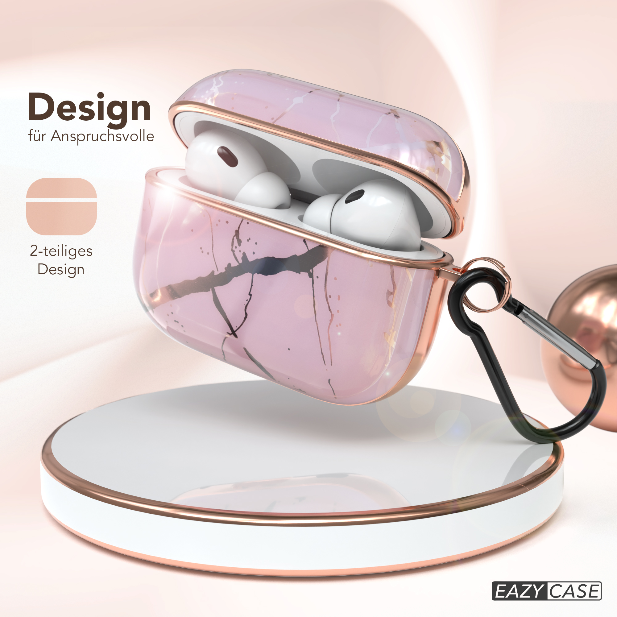 Rosa AirPods-Hülle mit Ladebasis. Offene Hülle zeigt AirPods. Goldakzente.