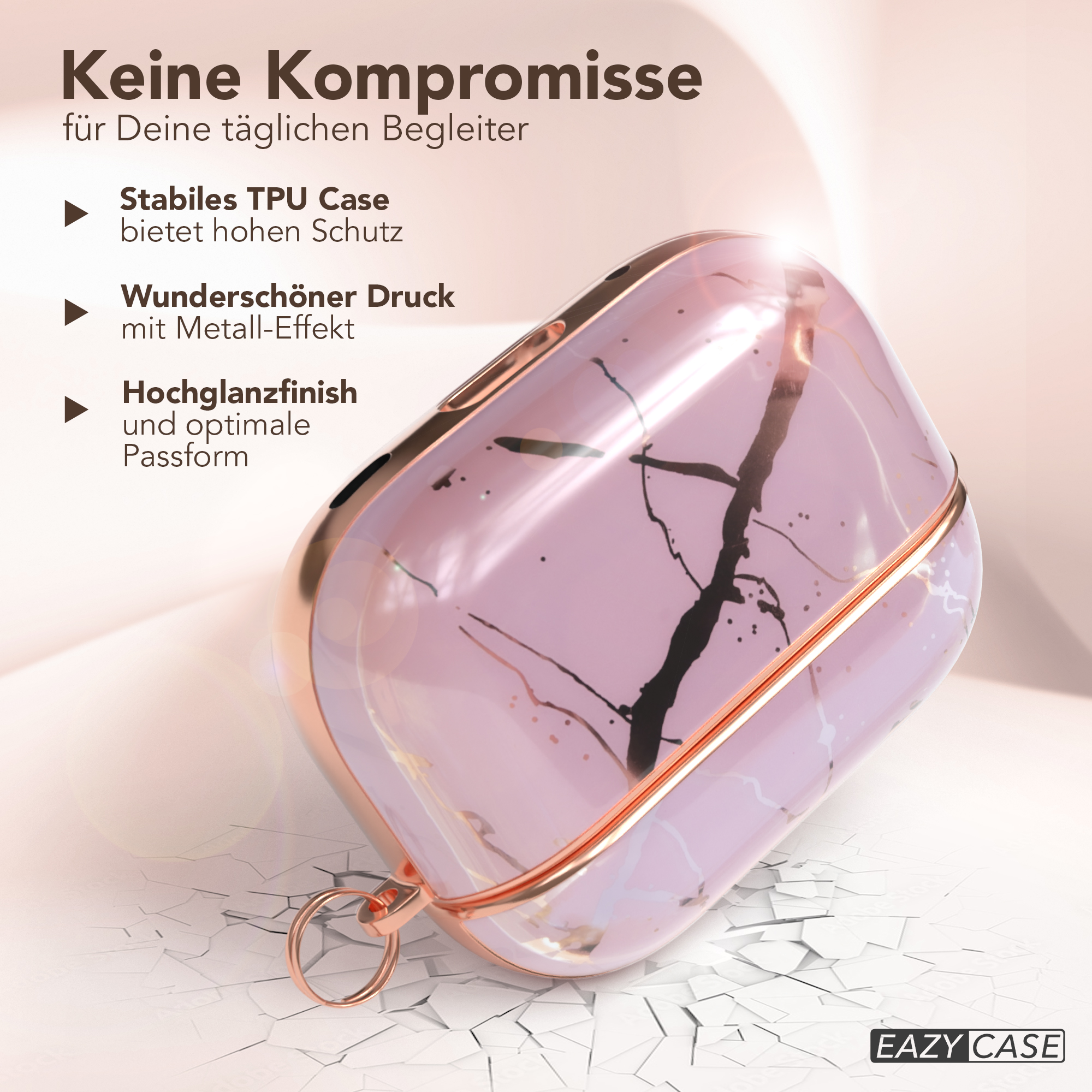 Rosa-goldenes AirPods-Case mit Marmordesign, Riss-Effekt am Boden.