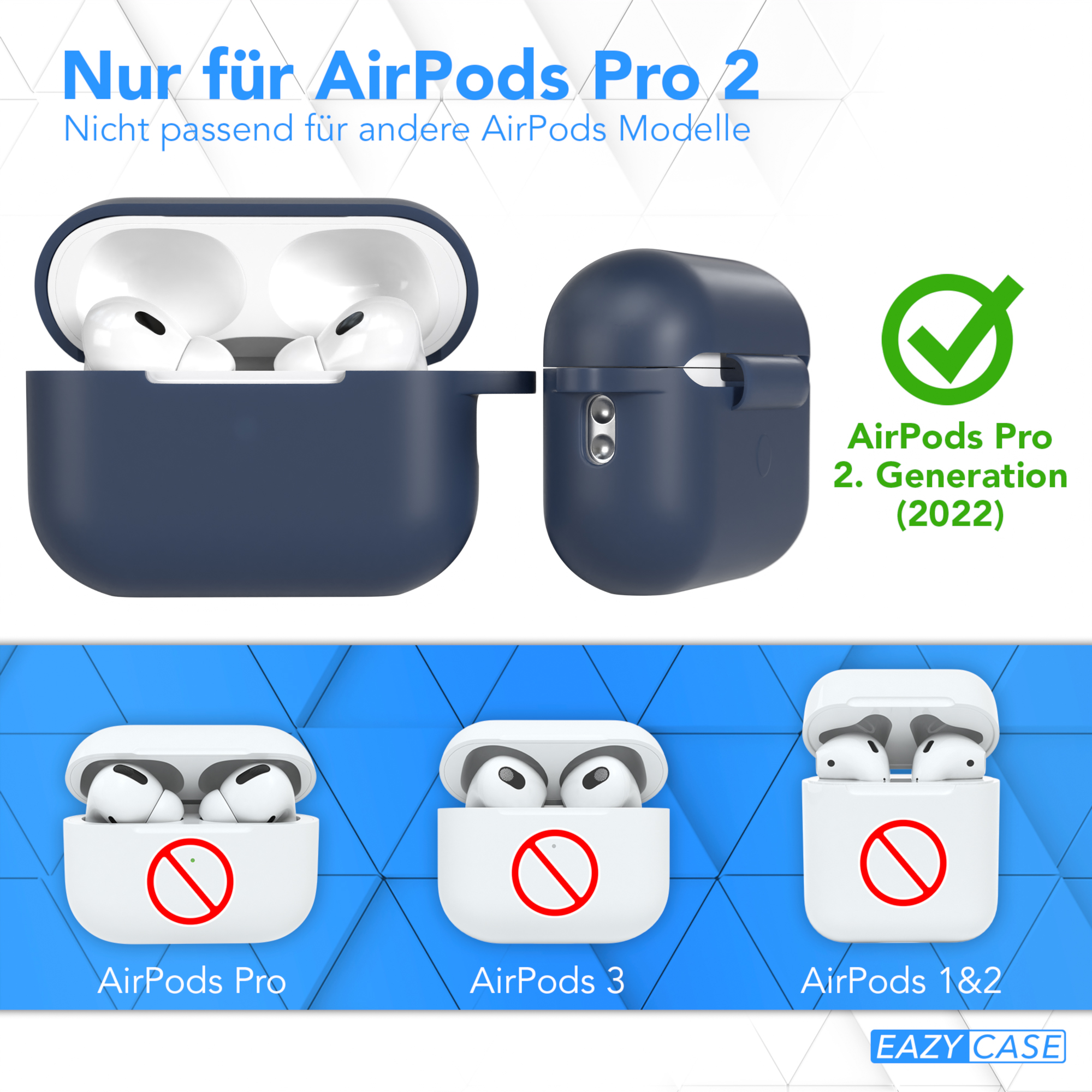 Blaue AirPods Pro Hülle und Vergleichsbilder, die die Kompatibilität nur mit AirPods Pro der 2. Generation anzeigen.
