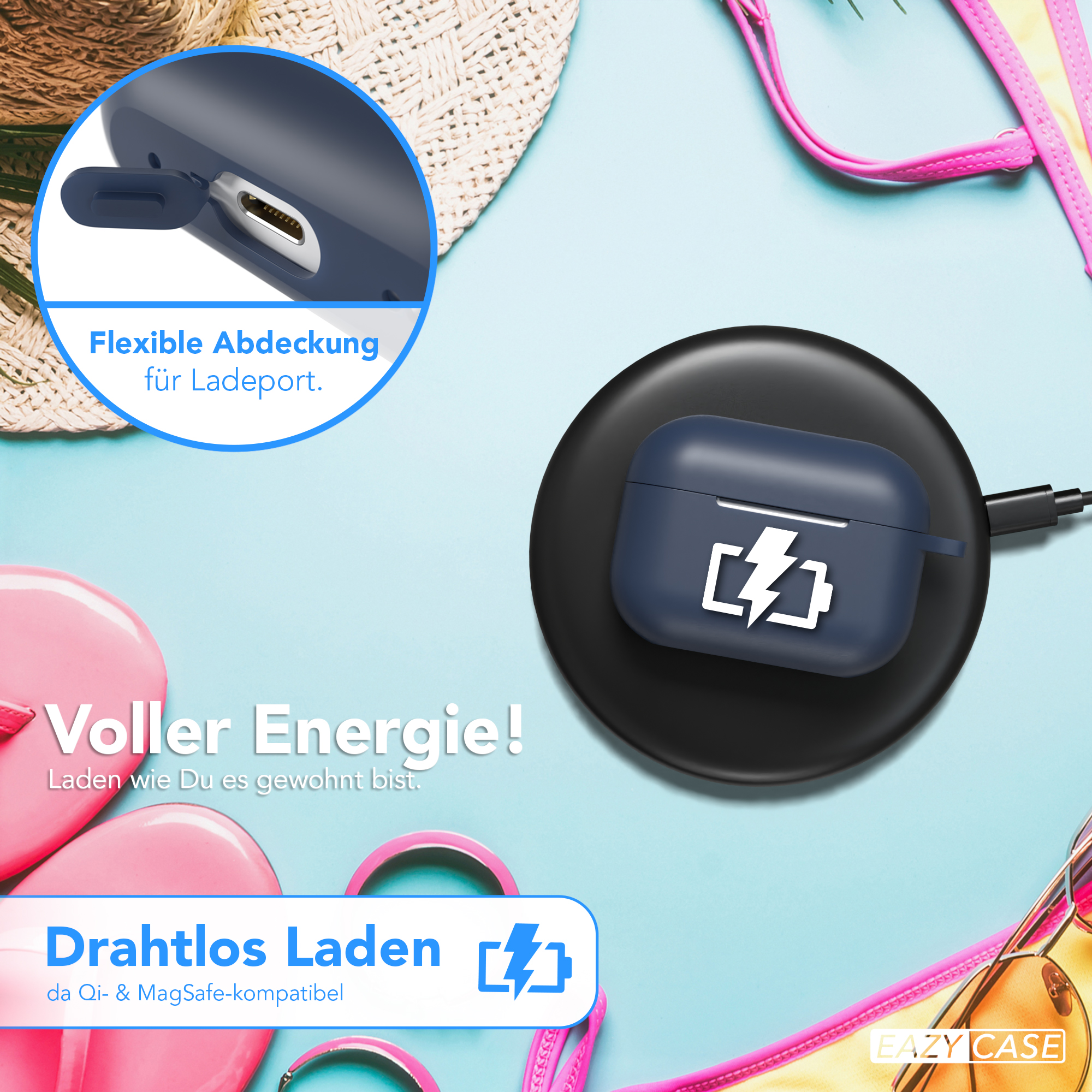 Kabelloses Ladepad und Ohrhörer-Etui. Das Etui ist angeschlossen und lädt. Ein Bikini ist zu sehen.