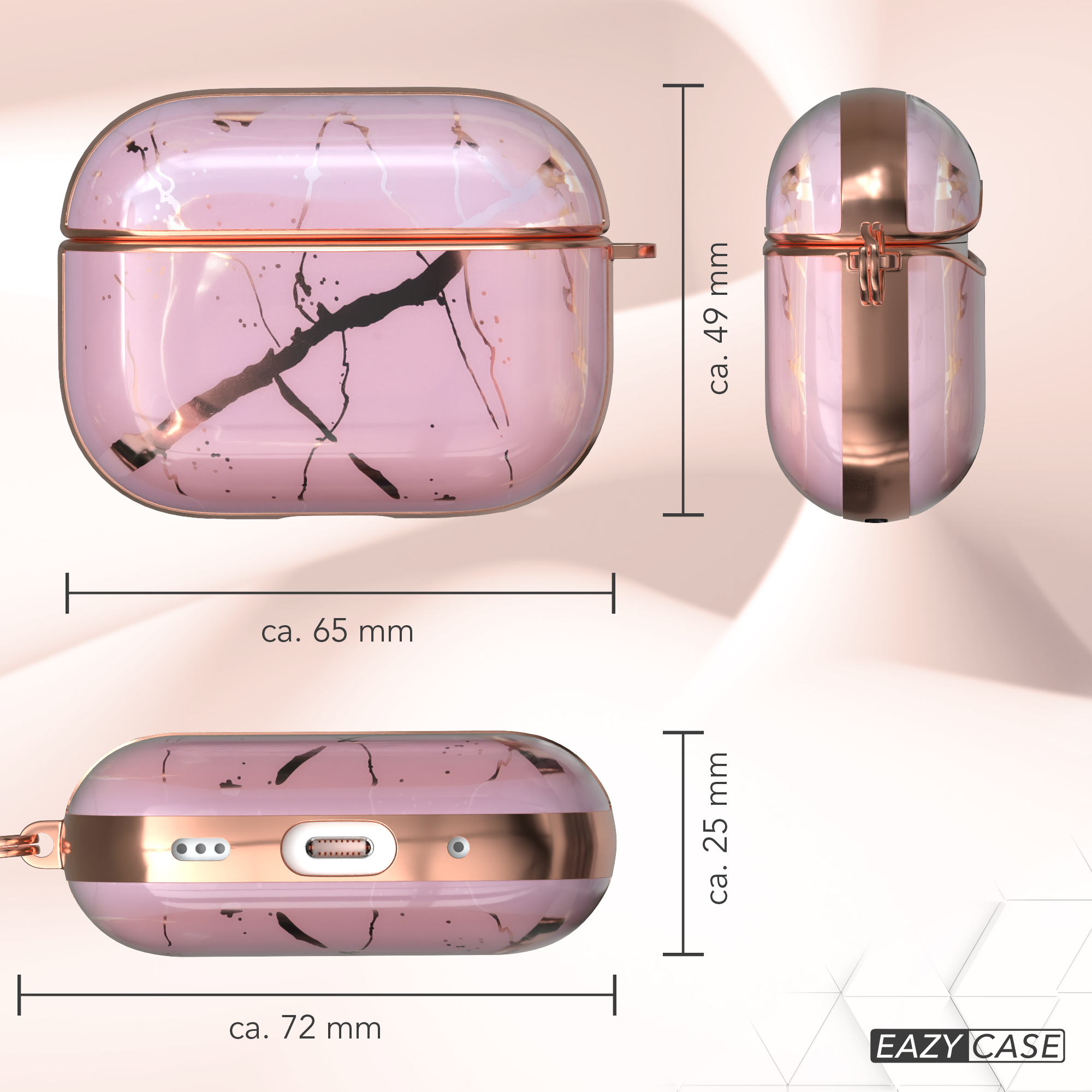 Rosa Marmor AirPods-Hülle mit Maßen. Weißer Hintergrund und geschlossene Form.