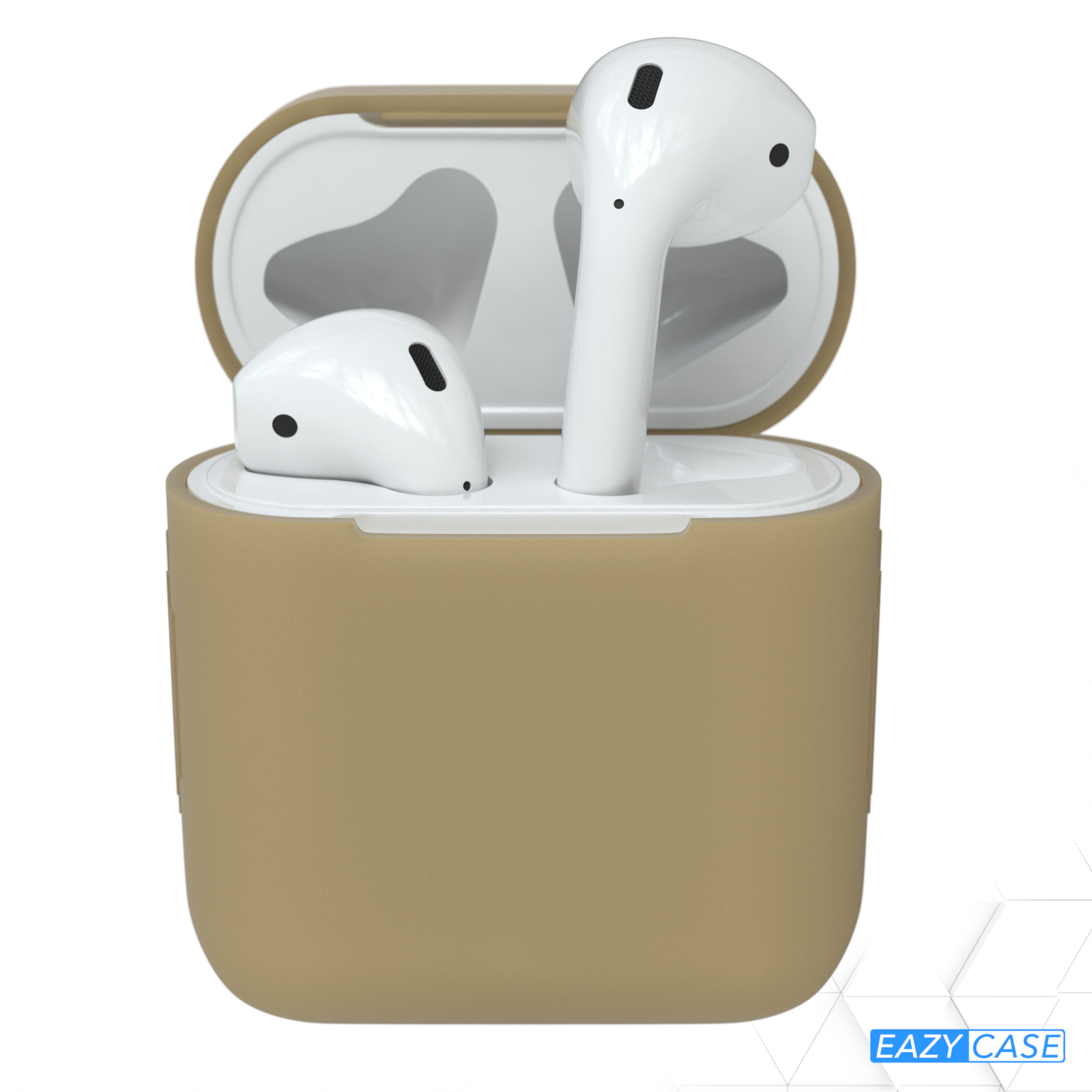 AirPods in einer hellbraunen Hülle. Weißer Hintergrund, Eazy Case Logo.