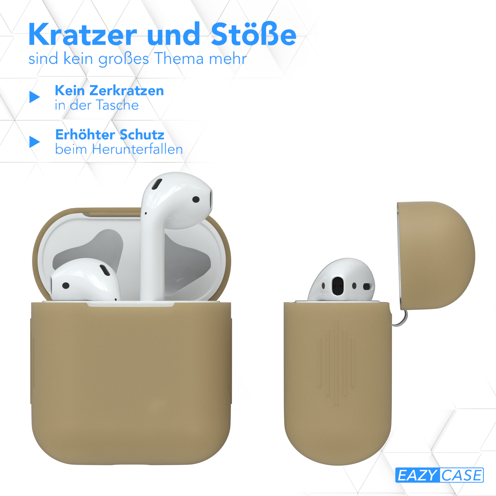Ohrhörer im Ladecase. Zwei Cases gezeigt, eins offen. Text auf Deutsch, weißer Hintergrund.