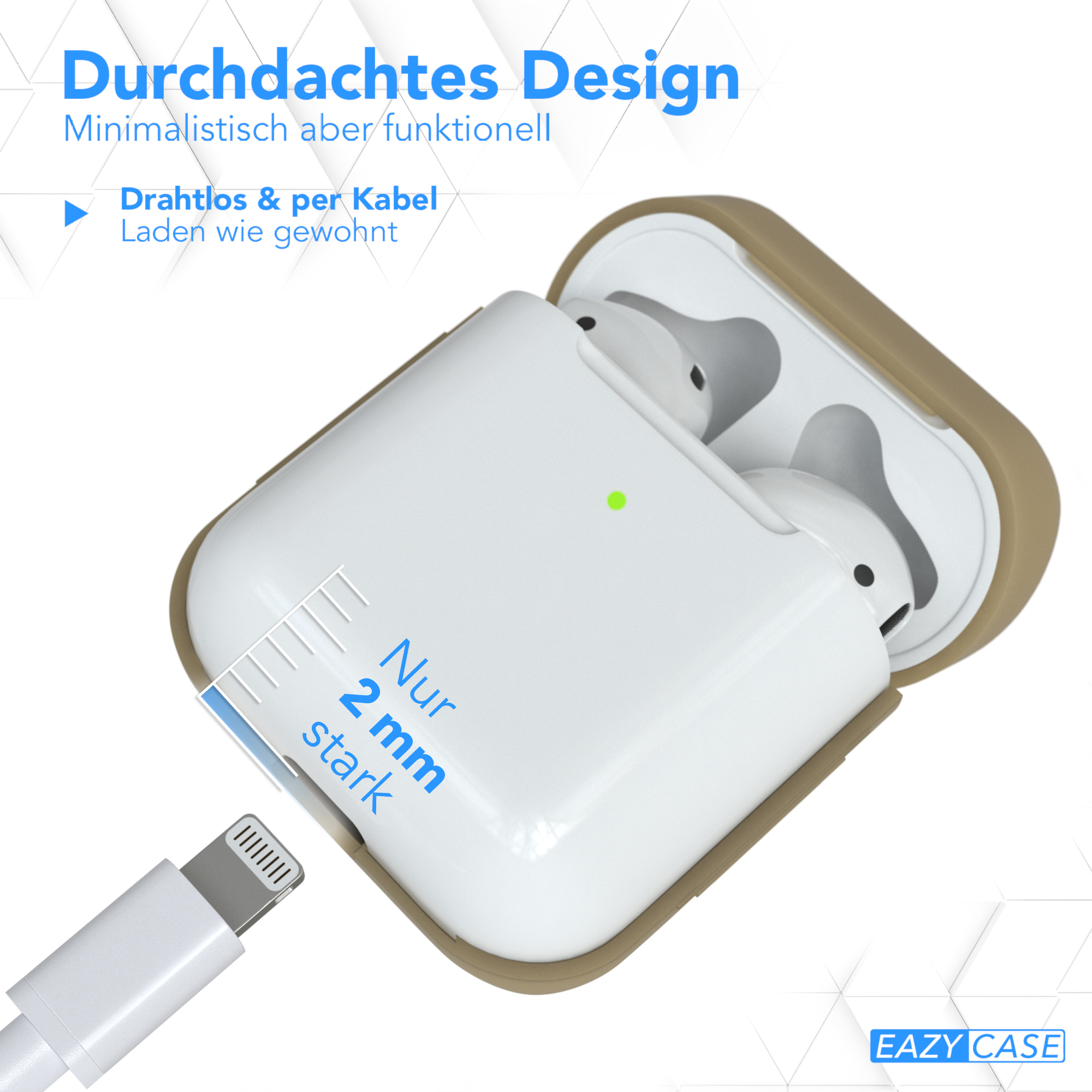 Weiße AirPods in einem beigen Gehäuse. Ein weißes Lightning-Kabel ist angeschlossen. Text sagt 2 mm.