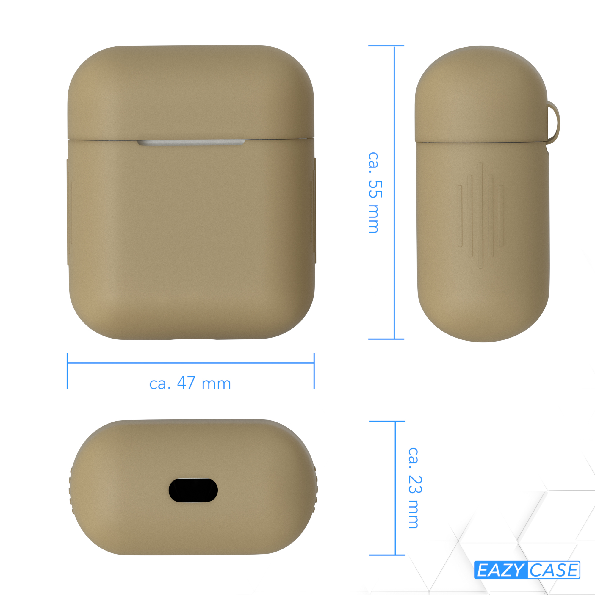 Hellbraunes AirPods-Etui. Drei Ansichten: vorne, Seite und unten mit Maßen.