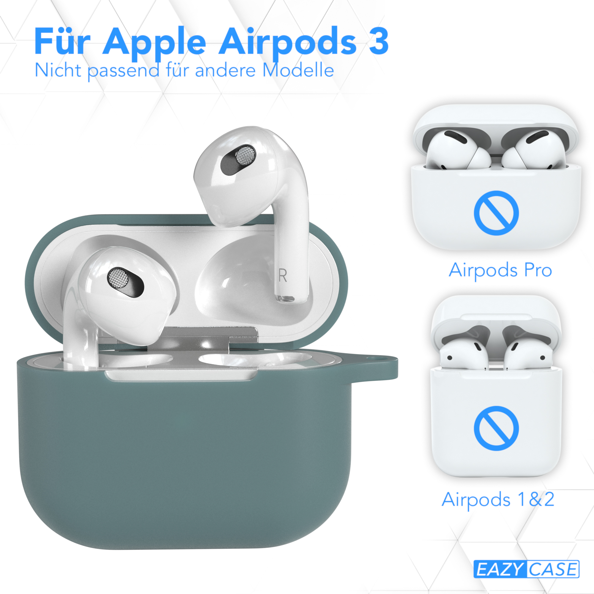 Grüne Hülle, weiße Ohrhörer und zwei weitere Hüllen. Text: 'Für Apple AirPods 3'.