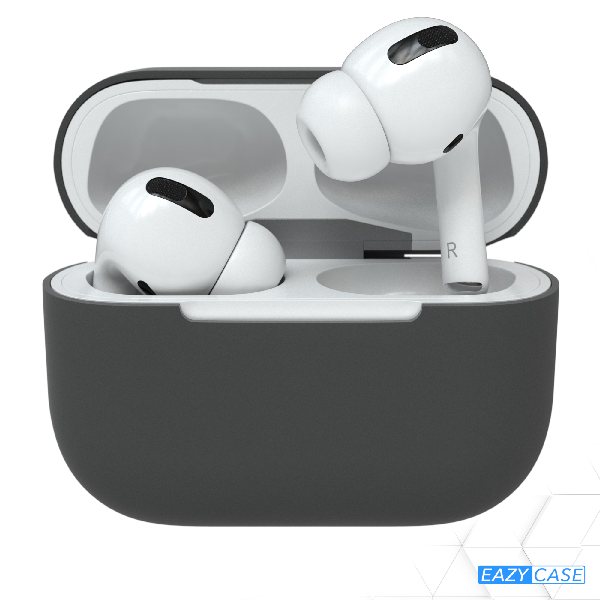 Dunkelgraues AirPods-Etui mit weißen AirPods darin. Weißer Hintergrund und EAZY CASE-Logo.