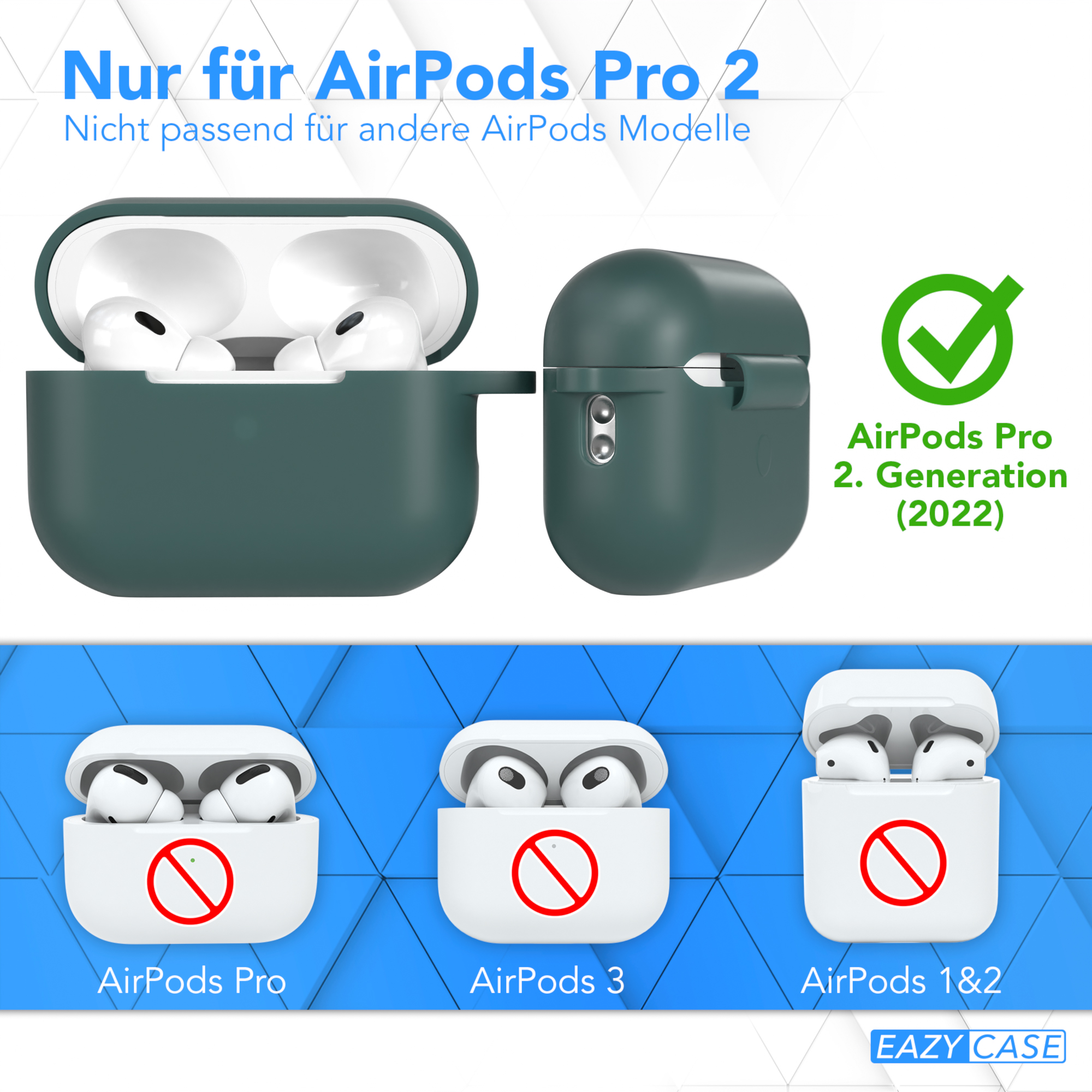 AirPods-Hülle mit zwei offenen Abdeckungen und einer grünen Hülle, mit einem Kein-AirPods-Symbol.